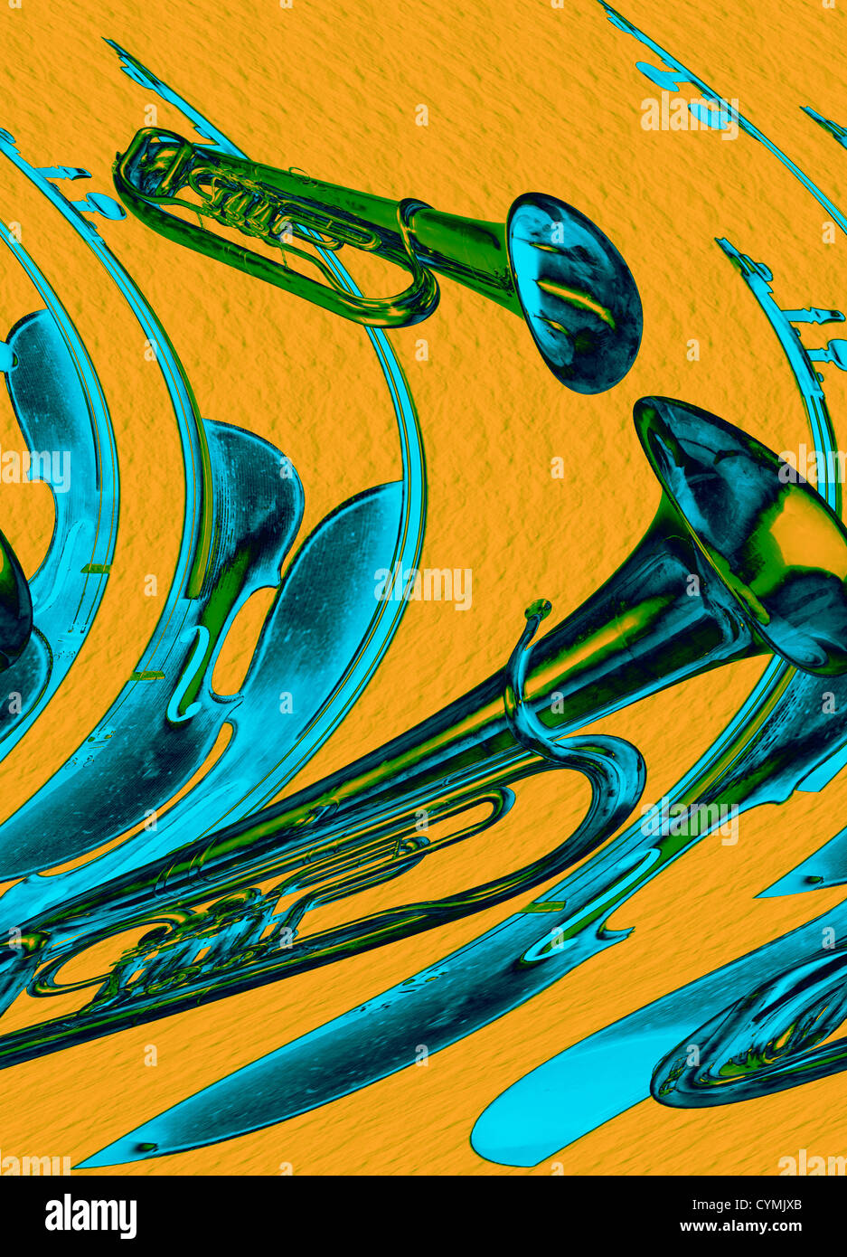 L'image abstraite d'un violon et de tuba sur fond jaune Banque D'Images