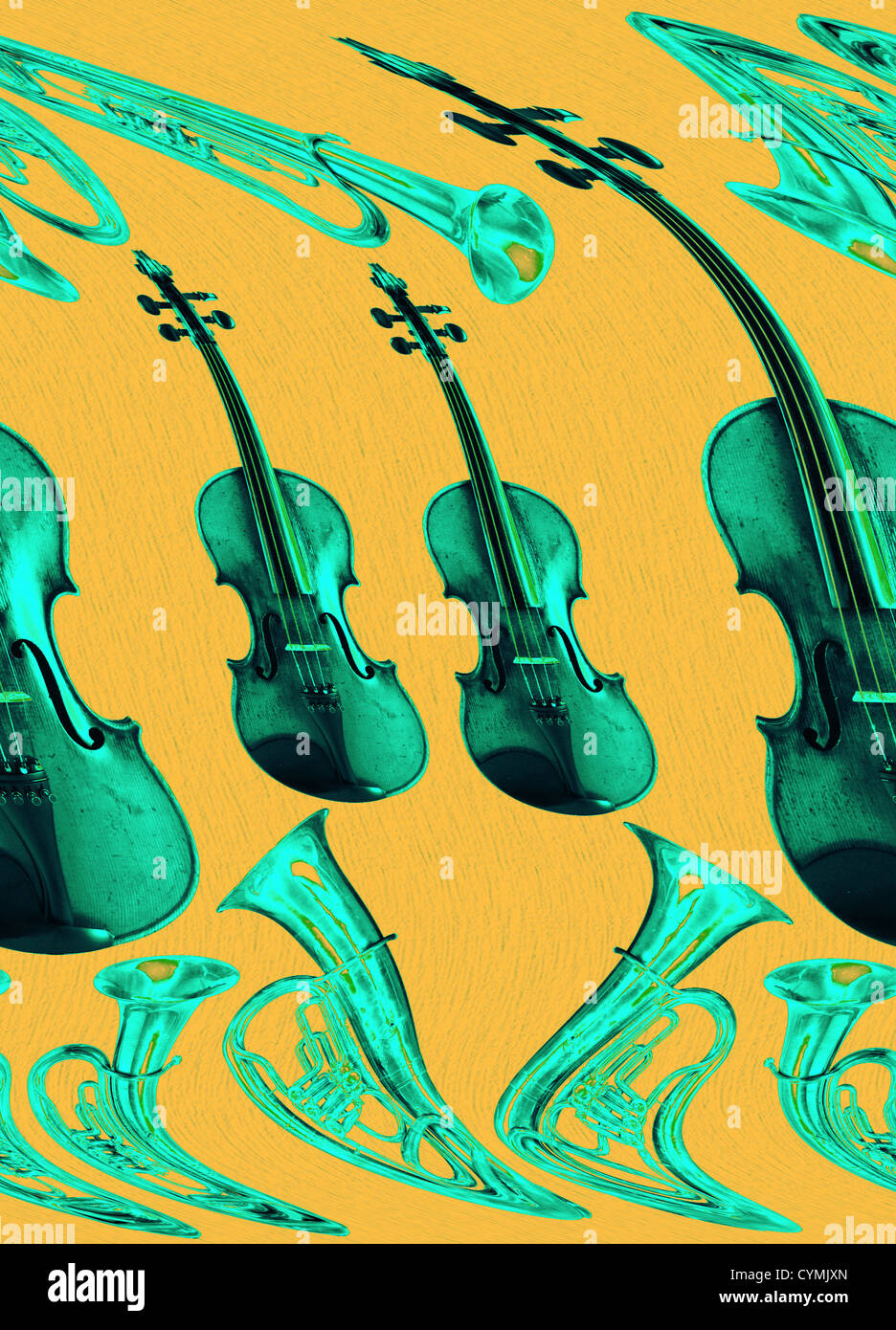 L'image abstraite d'un violon et de tuba sur fond jaune Banque D'Images
