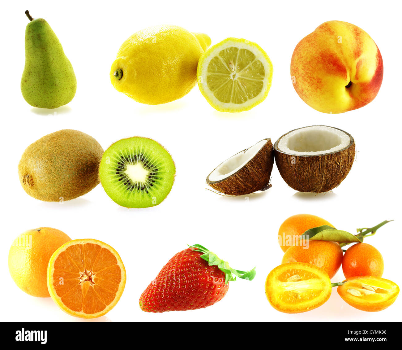 Ensemble de huit sortes de fruits sur fond blanc Banque D'Images