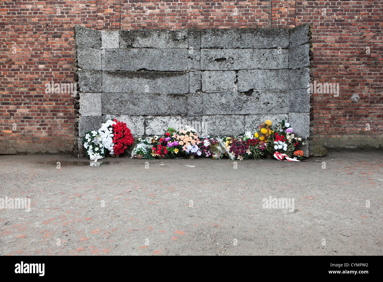 Mur de la mort avec des offres de fleurs, d'Auschwitz, en Pologne. Banque D'Images