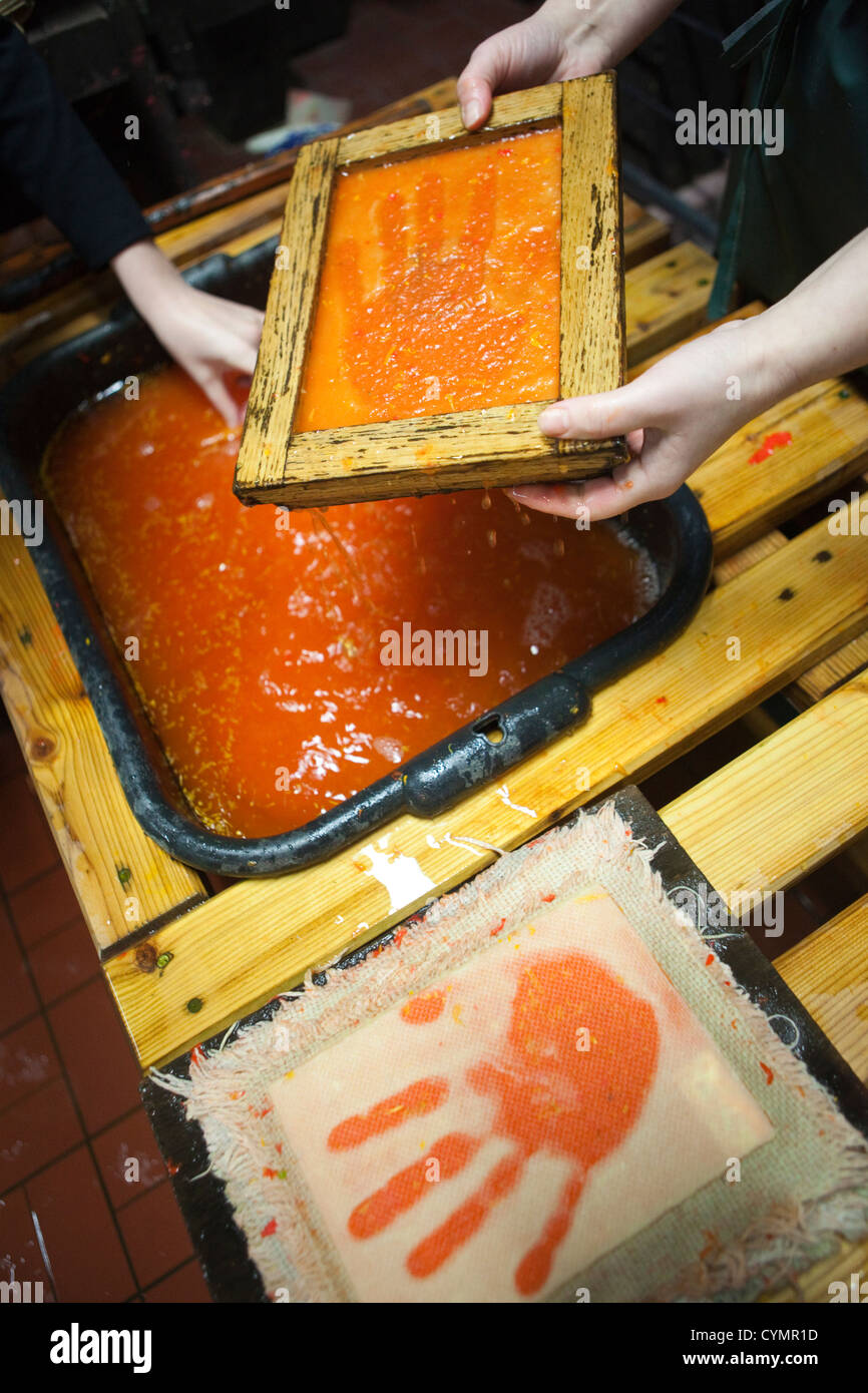 La fabrication du papier avec une part à l'historique d'impression papier de Muszyna, Pologne. Banque D'Images