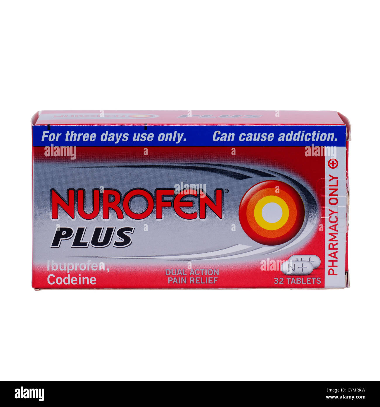 Un paquet de Nurofen Plus ibuprofène et codéine comprimés soulagement de douleur sur fond blanc Banque D'Images