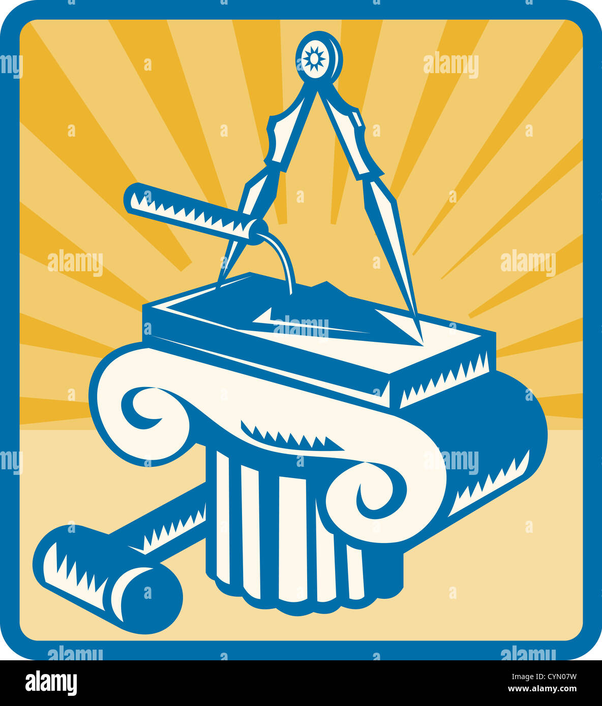 Illustration de la truelle de maçonnerie, boussole, mallet et situé à l'intérieur de la colonne fait place au style rétro isolées sur fond blanc. Banque D'Images