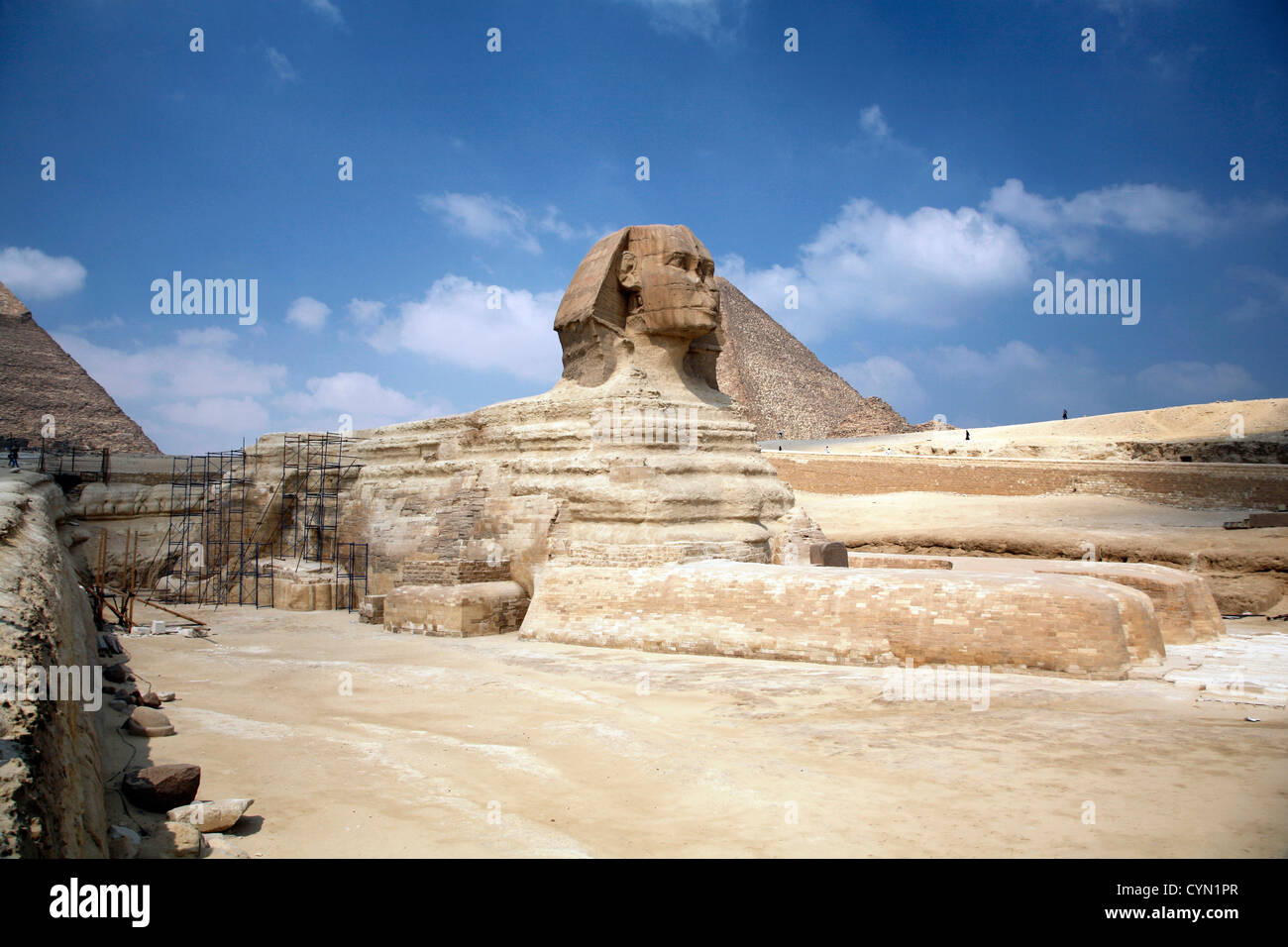 L'Égypte sphinx à gizah pyramide derrière Banque D'Images