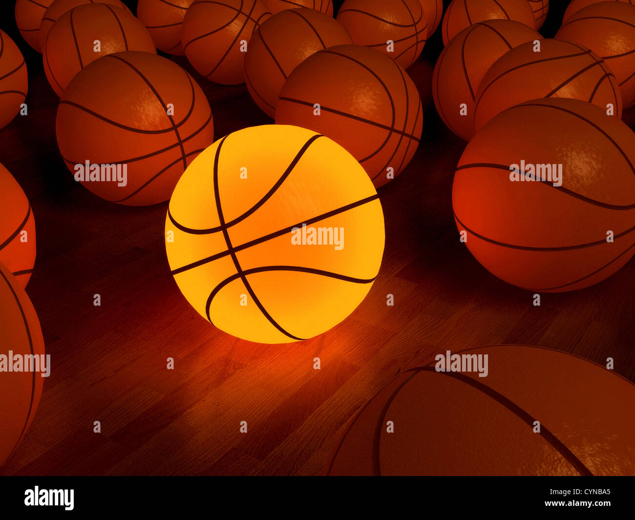 Basket-ball ballon de préchauffage sur le plancher de bois franc (3D) Banque D'Images