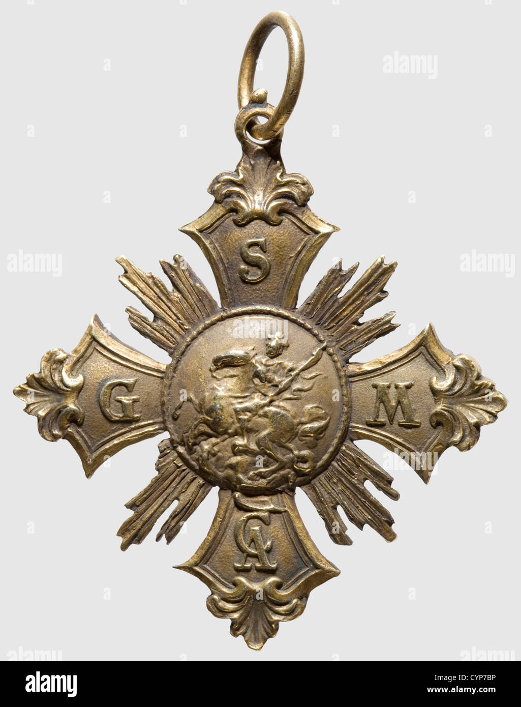 Décoration de la Fraternité de l'Arche de Saint-Georges le Martyr, 1ère moitié du XVIIIe siècle. La croix de flèche, les bras portant la lettre 'S-G-M-CA'(Sanctus Georgius Martyr Carolus Albertus), raies dans les angles de croix, le médaillon avec une représentation de Saint-Georges, contreverse médaillon avec une croix de Saint-Georges. Bronze doré, dimensions 44 x 50 mm, poids 21.5 g. Avec anneau de suspension. La fraternité courtoise a été établie en 1496 par le duc Albrecht IV dans la Frauenkirche de Munich (Cathédrale de notre Sainte-Dame), et après la création en 1729 de l'ordre de la Maison de Saint-Georges les deux, droits additionnels-Clearences-non disponible Banque D'Images
