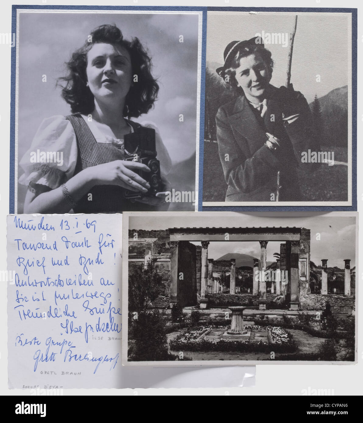 EVA Braun,Theo et Johanna Morell,UNE carte postale (Haus of Pansa) de  Pompéi à la mère d'Eva Franziska Braun 1938. Avec Eva Braun fête des mères  félicitations manuscrites à l'encre, signé 'Cordial salutations!