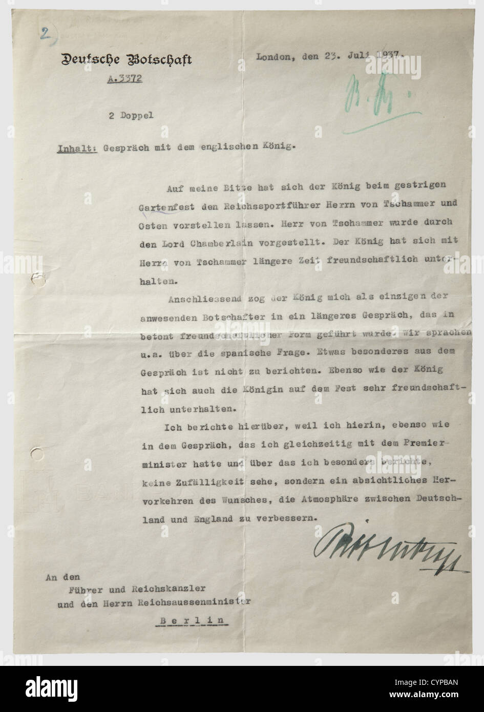 Joachim von Ribbentrop - rapport à Adolf Hitler, sur une réunion avec le roi anglais, en date du 23 juillet 1937 Letterhead 'Ambassade d'Allemagne'. Dactylographiée et adressée "au Chancelier Führer et Reich et au Ministre des affaires étrangères Berlin". Ribbentrop explique comment il a présenté le entraîneur sportif de Reich von Tschammer et Osten au roi 'au jardin hier', 'de l'historique,historique,1930,20ème siècle,NS,National Socialisme,Nazisme,Third Reich,German Reich,Allemagne,Allemand,National socialiste,nazi,période nazie,fascisme,document,Clearum,droits additionnels non disponibles Banque D'Images