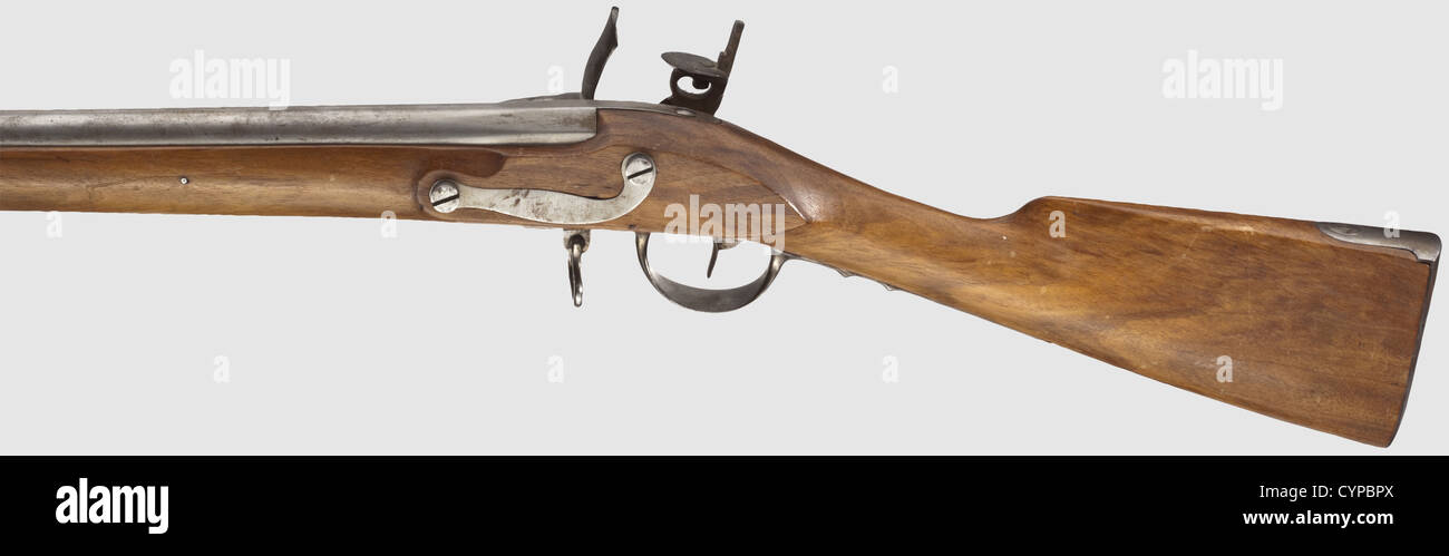 Un fusil d'échantillonnage,1801 - 1804.corps rond avec alésage lisse en calibre 15 mm, avec un goujon à baïonnette au niveau du museau et une vue avant en laiton au niveau de l'anneau supérieur.Flintlock avec poêle en laiton, plein brut brillant avec meubles en fer.tige en fer.la vis de la mâchoire supérieure est cassée,la mâchoire supérieure manque.de légères traces dues à Conservation.longueur 148 cm.en très beau état.seulement très peu de pièces de ce fusil d'échantillon extrêmement rare ont été fabriqués à Amberg par ordre de l'électeur Maximilien IV Joseph.il est considéré comme un pas important vers le réarmement de l'armée bavaroise,droits additionnels-Clearences-non disponible Banque D'Images