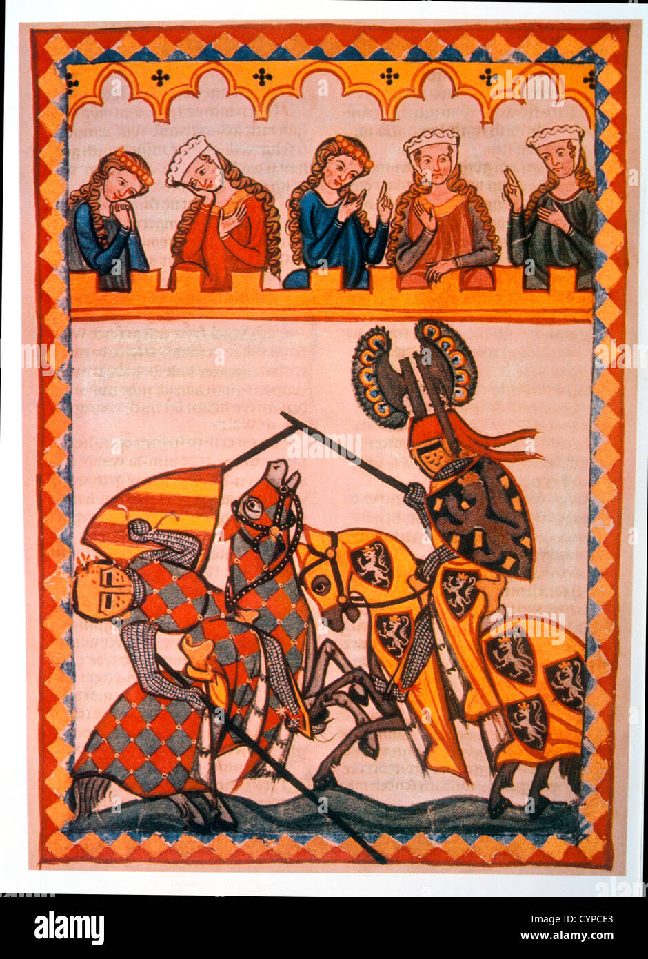 Walter von Klingen bat son adversaire dans un tournoi, illustration de livre de prières flamand, 14e siècle Banque D'Images