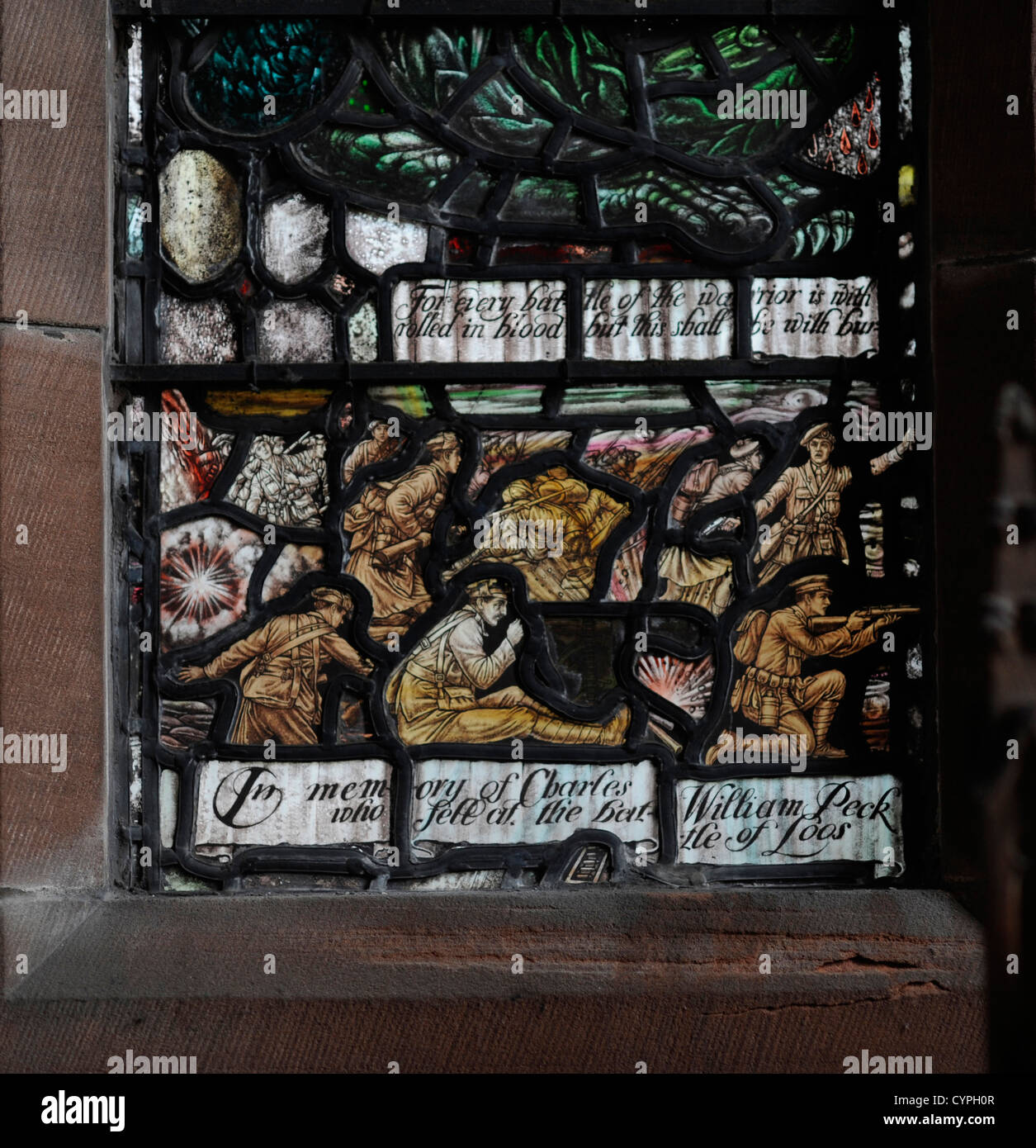 Fenêtre Memorial, All Saints Church, Glasgow, à sec Lt Charles Peck, sixième Royal Scots Fusiliers qui est décédé à Loos, la Première Guerre mondiale 1. Banque D'Images