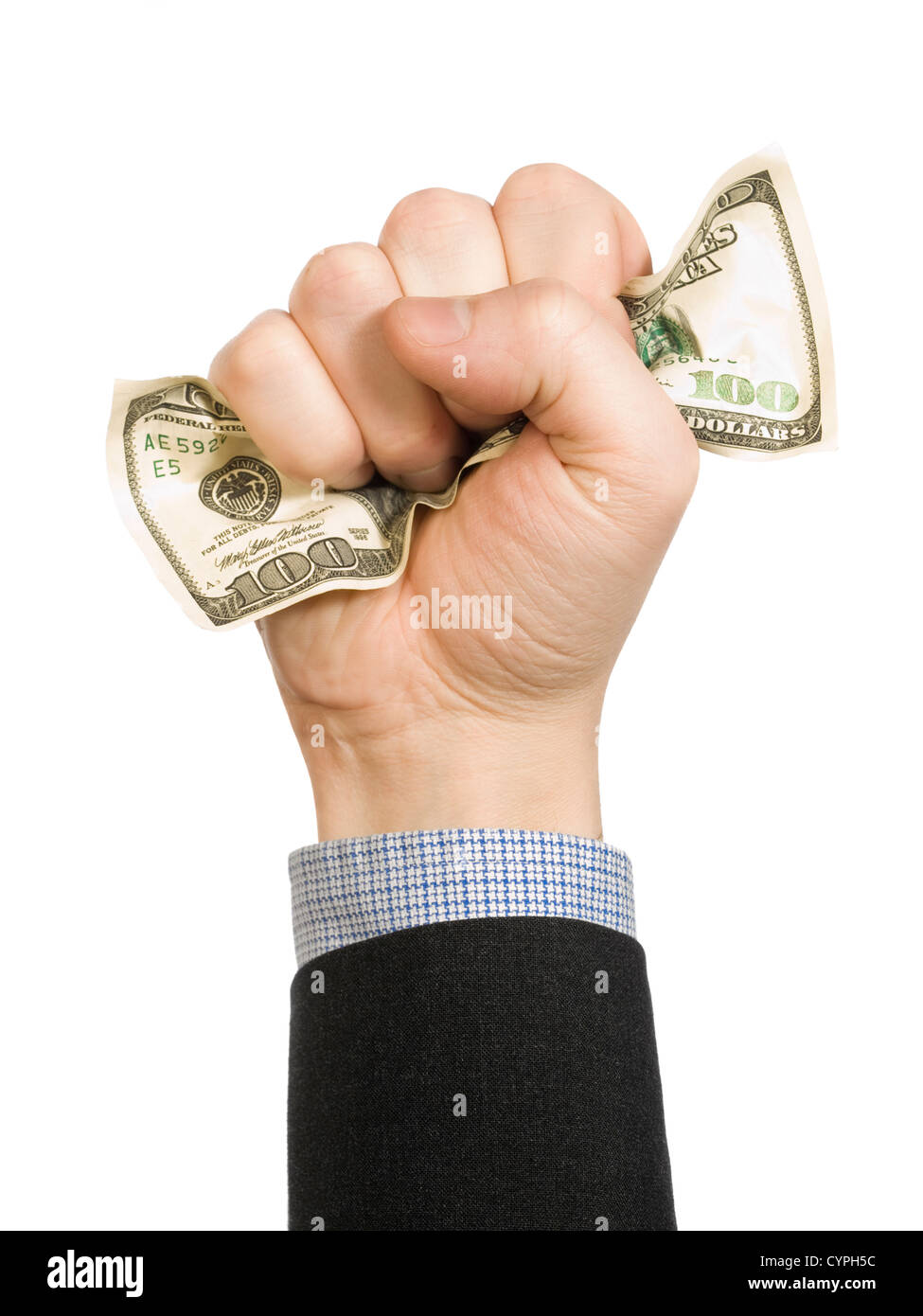 Un homme ?s envelopper un fist one hundred dollar bill avec sa main. Banque D'Images