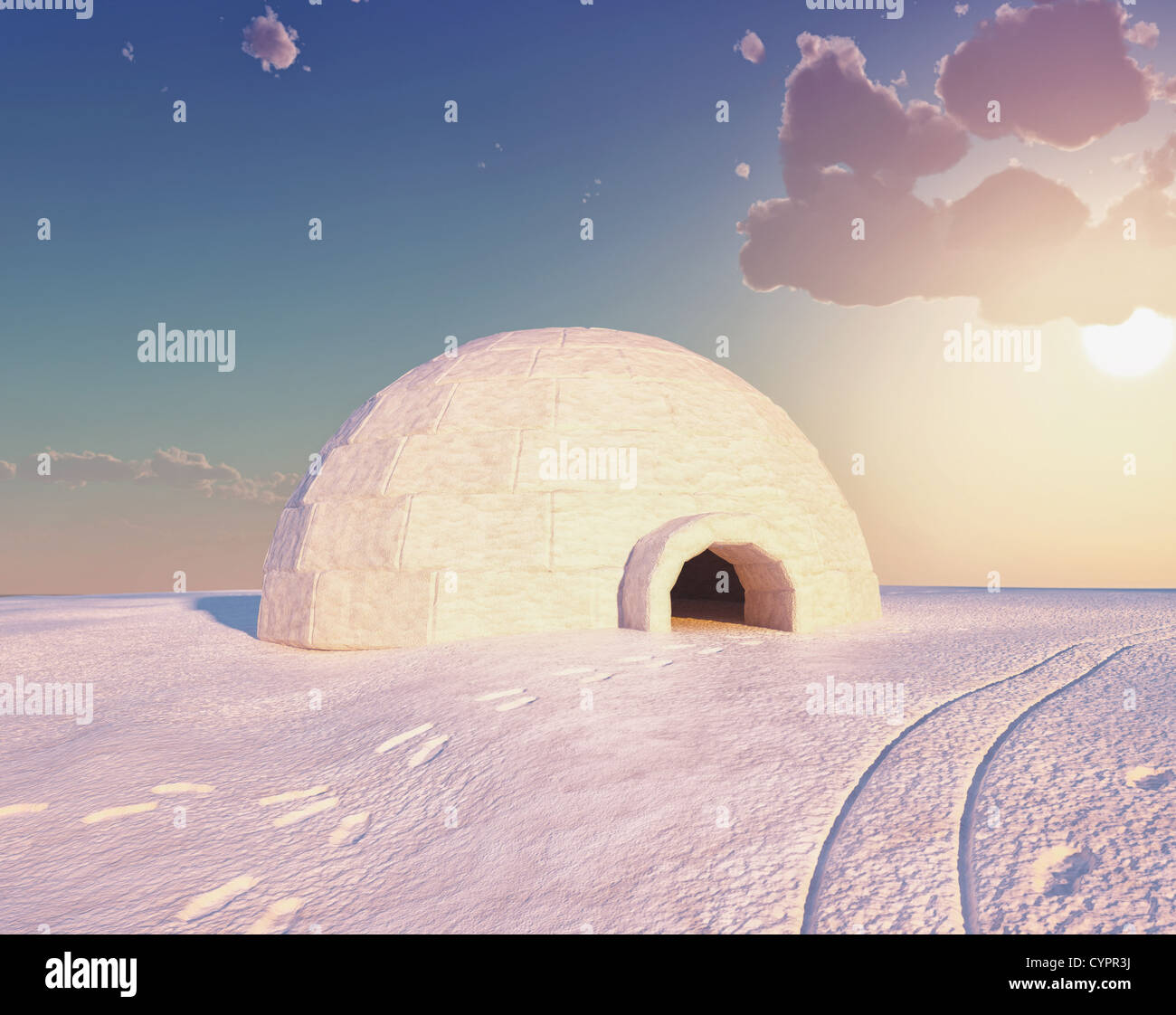 Paysage d'Igloo ( 3D et de la main-d'éléments de dessin combinés.) Banque D'Images