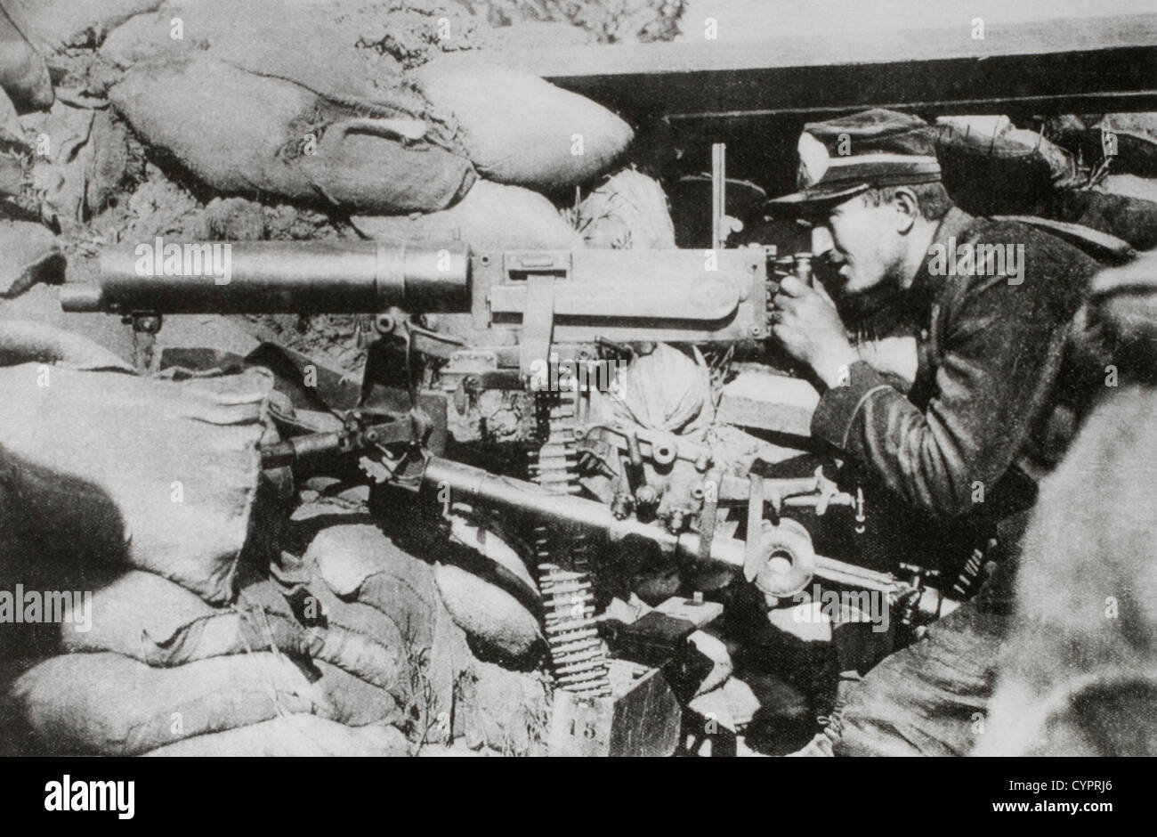 Mitrailleur belge en position dans les tranchées, la Première Guerre mondiale, 1915 Banque D'Images
