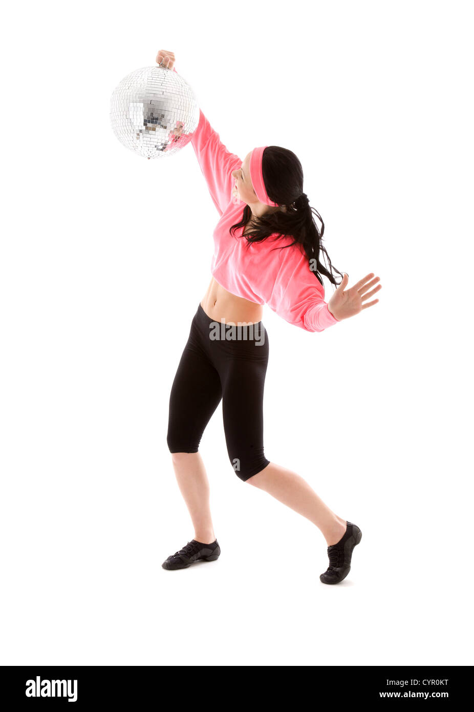 Photo de dancer girl avec glitterball over white Banque D'Images