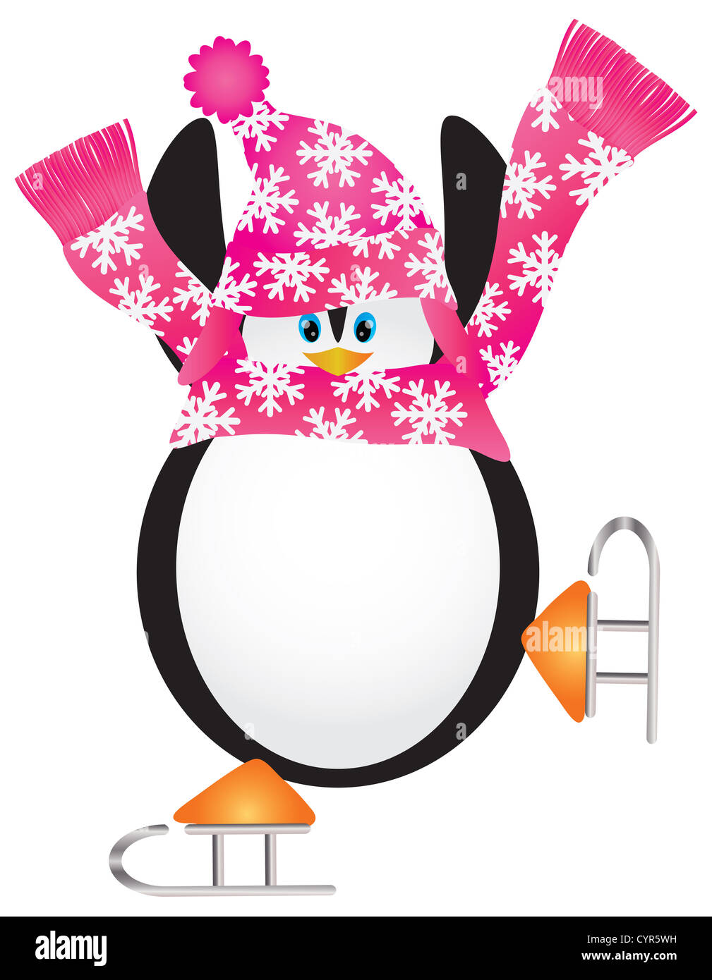 Pingouin de Noël avec bonnet et écharpe rose Patinage sur glace faisant la pirouette Illustration Banque D'Images