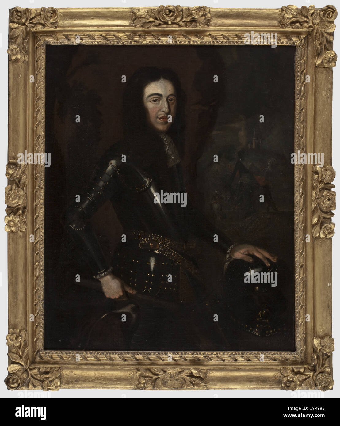 Un portrait d'un commandant en chef, le Flamand ( ?), 17e siècle dépeint dans l'armure noircie, tenant un bâton dans sa main droite avec sa main gauche posé sur un casque, avec un chien dans le premier plan à gauche et les cavaliers sur un champ de tentes, contre la silhouette d'une ville à l'arrière-plan. Huile sur toile, non signée. Une vieille étiquette écrite à la main sur l'arrière avec l'attribution incorrecte (trad.), 'Michiel Miereveld, Delft 1567 - 1641 Delft. Portrait du prince Phillip William d'Orange. Collection du baron Rede van Antshoove van Utrecht' ? Dans un bâtiment restauré de l'artiste f, sculpté d'auteur n'a pas à être effacée Banque D'Images