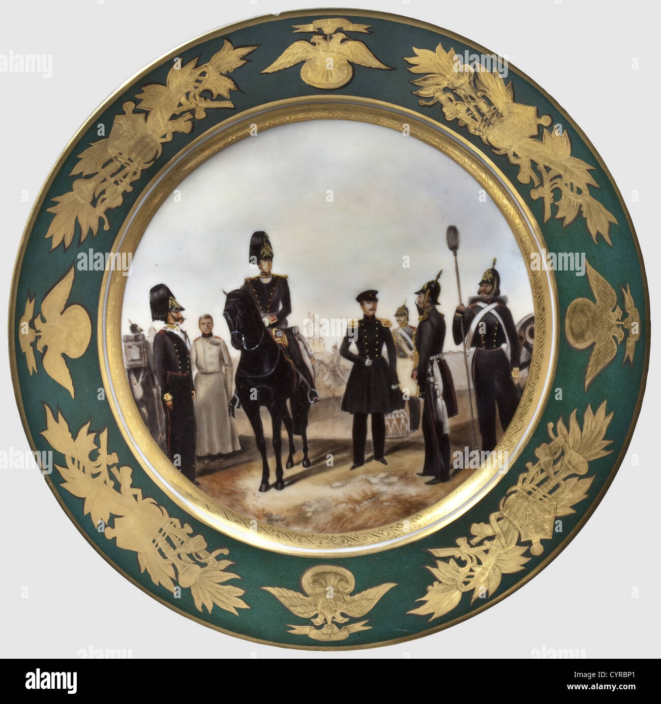 Une assiette d'un service de dîner militaire, l'usine de porcelaine russe impériale à Saint-Pétersbourg les membres de la 1re Brigade d'artillerie Life Guards en 1855 peint à la main en couleur au centre.la frontière verte affiche un aigle à double tête russe et des trophées en or gravé.la marque, 'A II' en vert sous-brillant pour l'Impérial Usine à Saint-Pétersbourg sur le fond avec un titre manuscrit d'image, la signature de l'artiste, et la date.'après l'image par Gebens, A.Mironov 1882.'.UN ordre de répétition de la période des tsars Alexander II/III.minimal, droits additionnels-Clearences-non disponible Banque D'Images