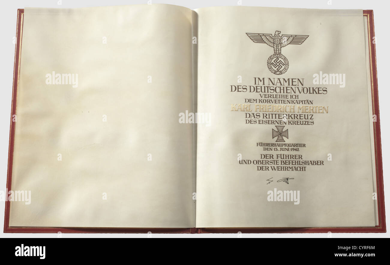 Karl Friedrich Merten Une Croix De Chevalier A La Croix De Fer 1939 Y Compris La Citation De Prix Et Le Dossier En Cuir Pour Le 13 Juin 1942 La Croix De