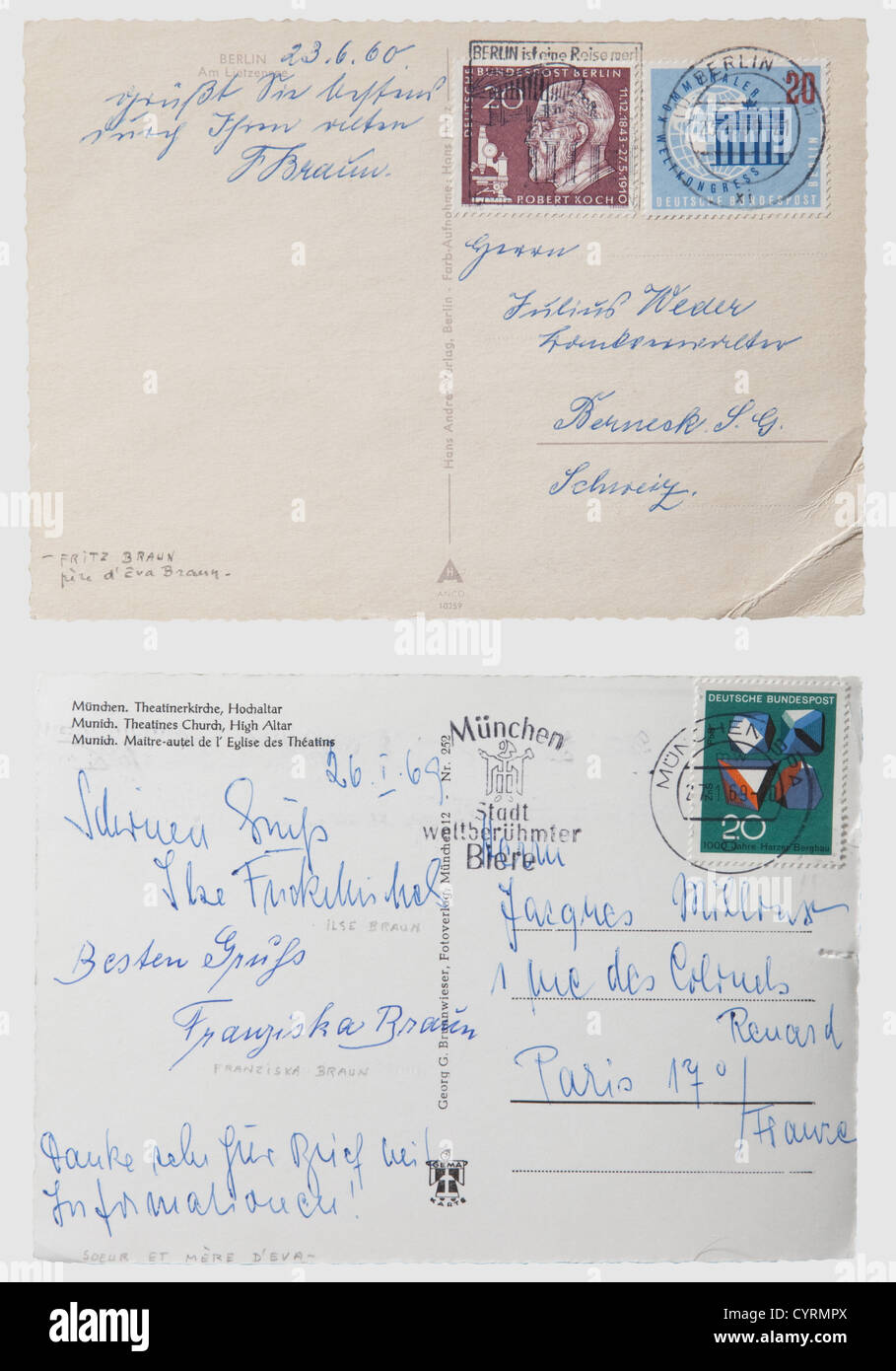 EVA Braun,une lettre manuscrite à sa tante et son oncle 1943 Letterhead avec le monogramme 'E.B.' rehaussé, écrit à l'encre et daté 'Berghof,den 14.I.43'.Eva Braun s'excuse pour avoir manqué leur anniversaire de mariage en argent et envoie un panier de fleurs ainsi que du café et des cigarettes.plié.inclus sont deux cartes postales avec photo, l'une avec les salutations de son père Fritz Braun de 1960, l'autre de sa mère Franziska et soeur Ilse 1969.également trois reproductions de photos d'Eva Braun, d'Eva et Hitler à la Berghof,et de sa famille.Eva Braun se trouva seule à la be,droits additionnels-Clearences-non disponible Banque D'Images