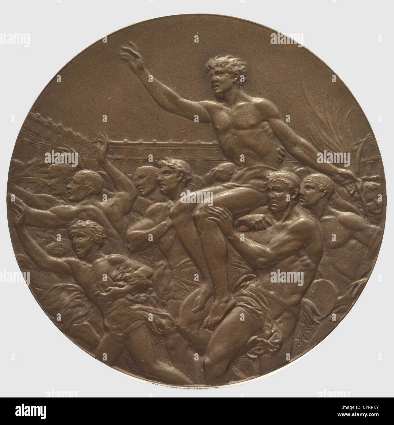 Käthe Krauss(1906 - 1970), une médaille de bronze en cas des Jeux Olympiques de 1936, télégrammes de félicitations et documents de récompense Médaille de bronze XI OLYMPIADE BERLIN 1936',diamètre 55 mm,poids 77.5 g,inverse signé 'GC' pour le graveur Giuseppe Cassioli,le bord inscrit 'B. M. MAYER PFORZHEIM', dans un étui marron avec garniture de méandre noire, estampée or, la couverture avec la cloche olympique et l'inscription en lettres 'ICH rufe die Jugend der Welt' (je fais appel aux jeunes du monde), le boîtier doublé de velours beige et de soie, légèrement fendu. Avec le représentant,grand format a,droits-supplémentaires-Clearences-non disponible Banque D'Images