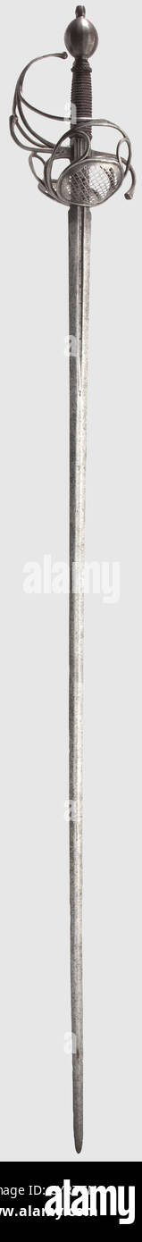 Un rappeur allemand Pappenheimer, vers 1630 UNE lame droite forte avec une section hexagonale aplatie, avec des points d'appui des deux côtés vers le point. Hile d'arceau en fer typique, avec plaques de protection à ouverture fine symétriques. La poignée est enveloppée avec un fil de fer torsadé remplacé et avec des têtes turkmènes. Pommel lourd à facettes avec un gros écrou supérieur. Longueur 132 cm,historique,historique,17th Century,épée,épées,armes,armes,arme,bras,dispositif de combat,militaire,militaria,objet,objets,alambics,coupure,coupures,découpe,découpes,mêlée,droits additionnels-Clearences-non disponible Banque D'Images