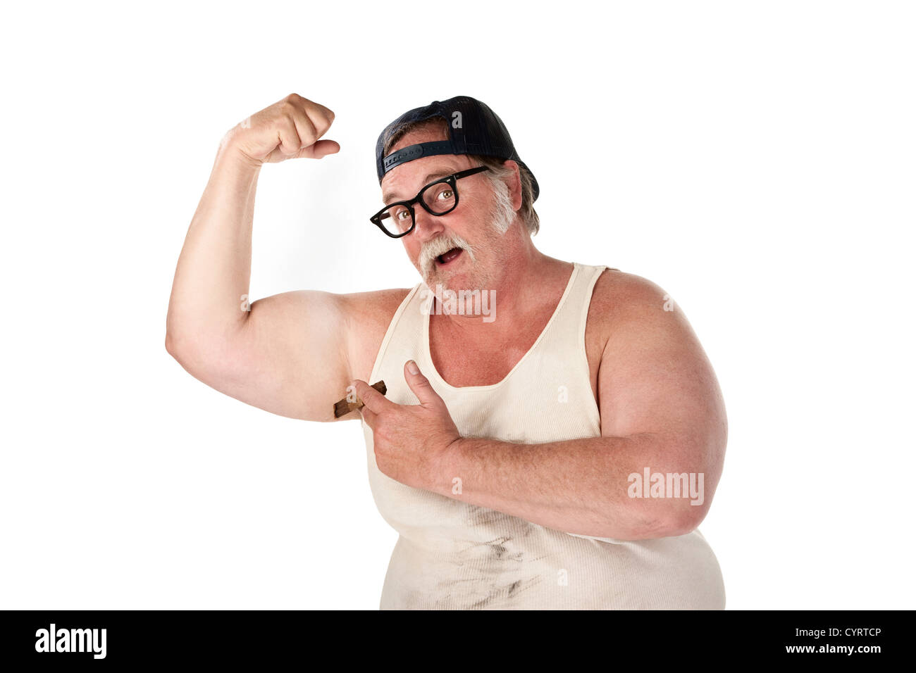 L'homme obèse en tee shirt sur fond blanc Banque D'Images