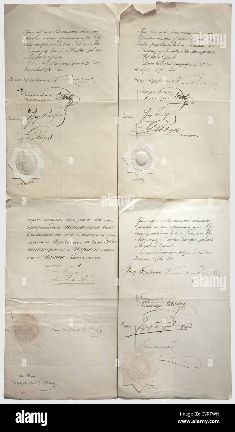 L'amiral Mikhail Andrianovich Lavrov, un certificat de récompense pour l'ordre de Saint Stanislaus de la 1ère classe de Russie, datant de 29.09.1859. Avec signature manuscrite de Tsar Alexander II, plié au milieu, taille 35.5 x 22.2 cm. Avec trois certificats accordés au lieutenant de la Garde flottille Andrian Lavrov IV pour: La Saint Stanislaus ordre 3ème classe, à partir de 14.01.1874, la Saint Anna ordre 3ème classe avec épées et ruban pour le passage du Danube sur 14.06.1877, à partir de 29.11.1878. La classe de l'ordre de Saint-Vladimir avec des épées un historique, historique, 19e siècle, docu, droits additionnels-Clearences-non disponible Banque D'Images L'amiral Mikhail Andrianovich Lavrov, un certificat de récompense pour l'ordre de Saint Stanislaus de la 1ère classe de Russie, datant de 29.09.1859. Avec signature manuscrite de Tsar Alexander II, plié au milieu, taille 35.5 x 22.2 cm. Avec trois certificats accordés au lieutenant de la Garde flottille Andrian Lavrov IV pour: La Saint Stanislaus ordre 3ème classe, à partir de 14.01.1874, la Saint Anna ordre 3ème classe avec épées et ruban pour le passage du Danube sur 14.06.1877, à partir de 29.11.1878. La classe de l'ordre de Saint-Vladimir avec des épées un historique, historique, 19e siècle, docu, droits additionnels-Clearences-non disponible Banque D'Images
