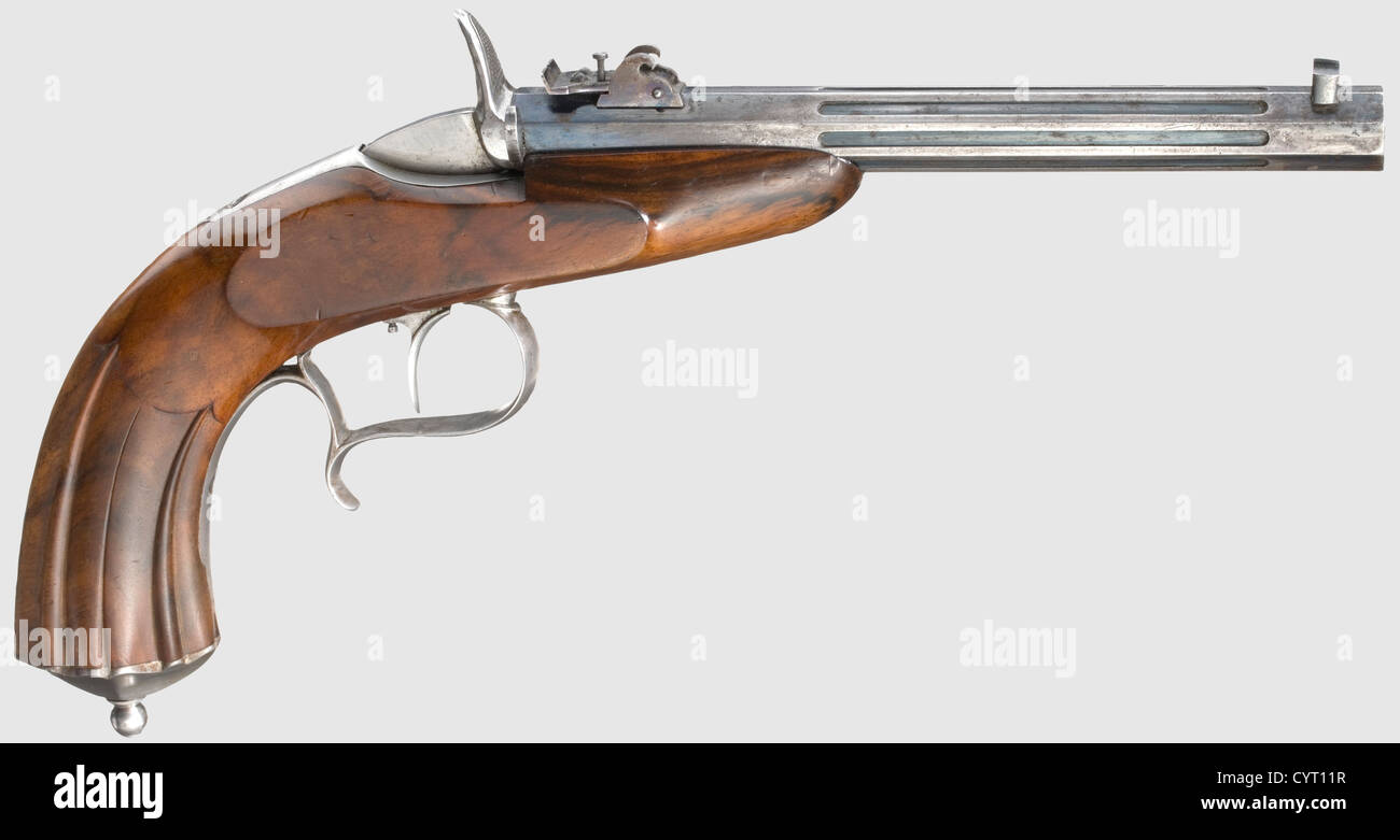 Deux pistolets de salon, vers 1870/80. Fûts octogonaux et cannelés bleutés, vues réglables sur les côtés supérieurs. Un pistolet avec alésage rivé (signé 'H. Knecht St. Galln'), l'autre avec alésage lisse, les deux en cal. Flobert 6 mm, avec alésages brillants. Demi-stocks de noyer finement grainé avec meubles en fer, l'un d'eux avec gravure de tendril, l'autre lisse. Un brut fissuré, le cylindre de bleuissement d'un pistolet frotté. Longueur 30 cm chacun. Dans un boîtier ébonisé avec des supports en nickel argent, doublé à l'intérieur avec un tissu vert pâle, à l'origine équipé pour une paire de pistolets, un rév, droits supplémentaires - Clearences - non disponible Banque D'Images