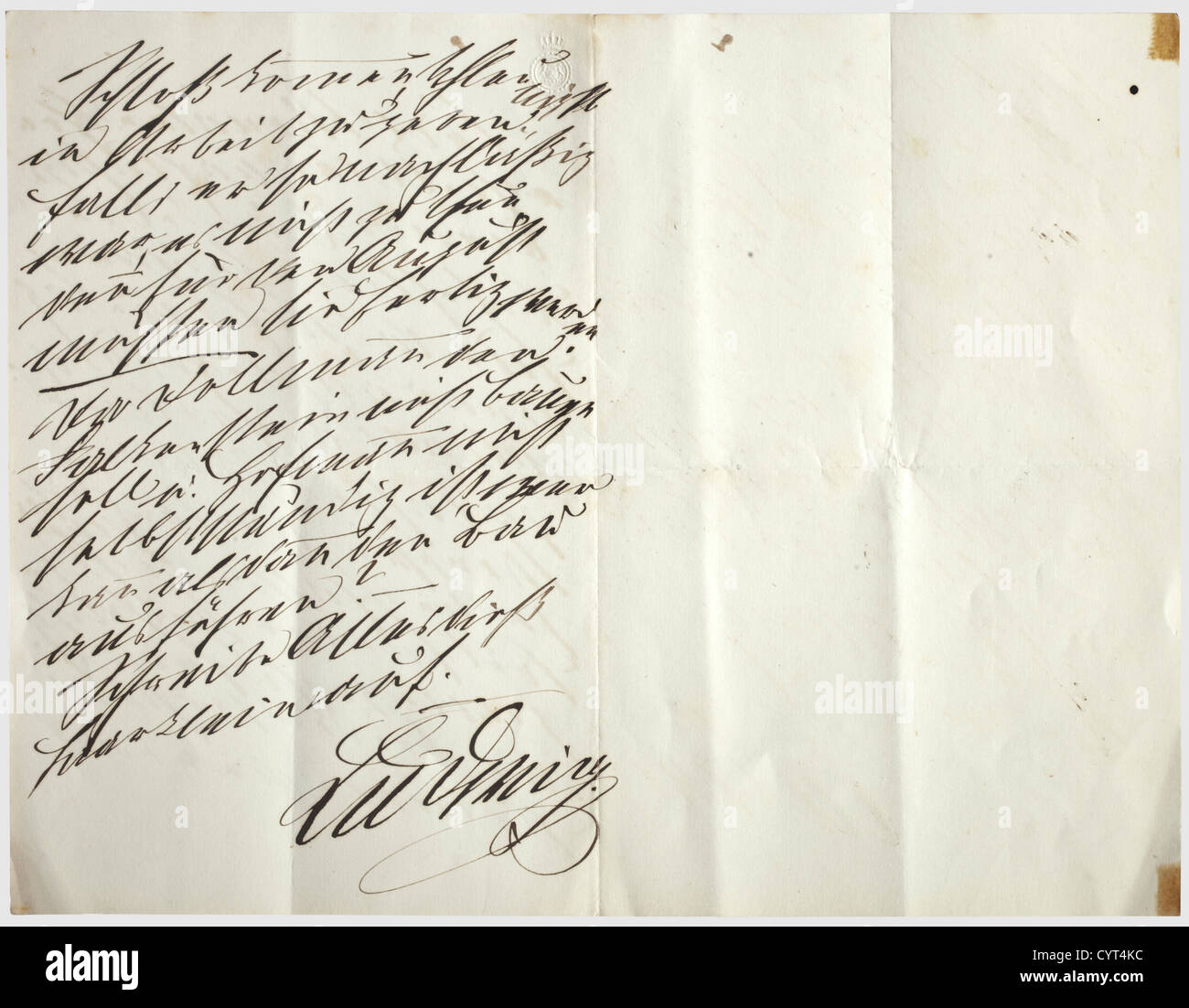 Roi Ludwig II de Bavière(1845 - 1886), deux lettres manuscrites le papier lettre a le blason royal sur le haut gauche.les lettres privées ont été envoyées à un ami ou une connaissance étroite du roi (malheureusement il n'y a pas de noms dans les textes).extraits d'une lettre lecture(tr.)'Donnez la pièce jointe En mon nom à cher Oberholzer à lire,... comme il joue dans Hohenschwangau.sa façon franchement agréable de parler m'a fait bien.Ludwig.' Malheureusement, la deuxième lettre double page est à peine lisible, car le roi était évidemment enragé comme il wr,droits supplémentaires-Clearences-pas disponible Banque D'Images