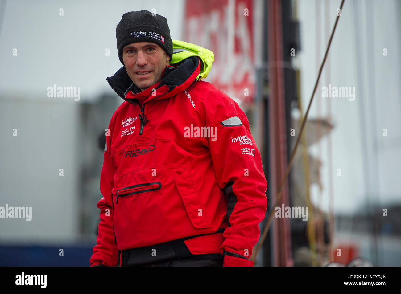 Les Sables d'Olonne (France), 10 novembre 2012. Marin britannique Samantha Davies (Savéol). 20 skippers ont pris le départ du 7e Vendée Globe, course à la voile en solitaire autour du monde, sans s'arrêter. Photo Frédéric Augendre. Banque D'Images