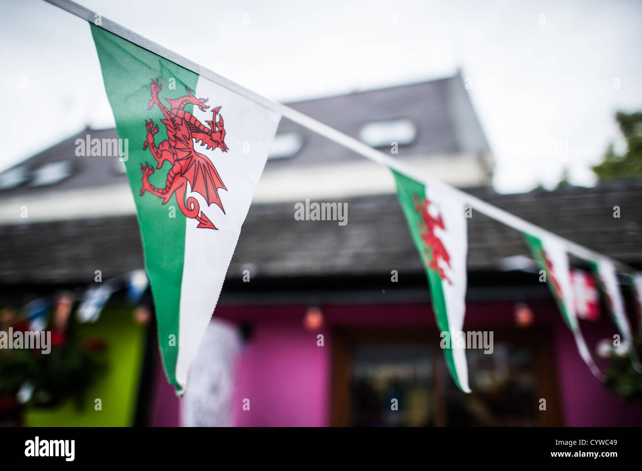 BEAUMARIS, pays de Galles - Une série de drapeaux gallois sur un pennant à Beaumaris sur l'île d'Anglesey, sur la côte nord du pays de Galles, Royaume-Uni. La pittoresque ville côtière de Beaumaris, située sur l'île d'Anglesey au pays de Galles, offre aux visiteurs un aperçu de la riche histoire de la région, avec son château médiéval, son architecture victorienne et son bord de mer pittoresque. Beaumaris a été classé au patrimoine mondial de l'UNESCO et continue à charmer les voyageurs avec ses monuments bien conservés et sa beauté naturelle étonnante. Banque D'Images