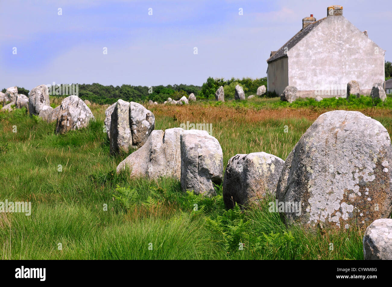 Menhirs de Carnac célèbre avec house, dans le département du Morbihan en Bretagne dans le nord-ouest de la France Banque D'Images