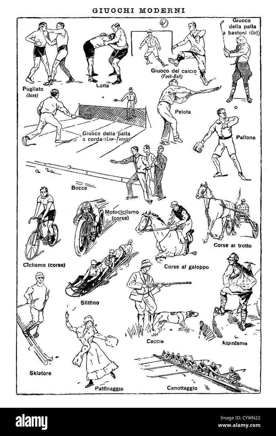 Vintage table noir et blanc sur le sport : tennis, ski, patinoire, cheval,athletic,football,la lutte, la boxe,vélo,hunt Banque D'Images