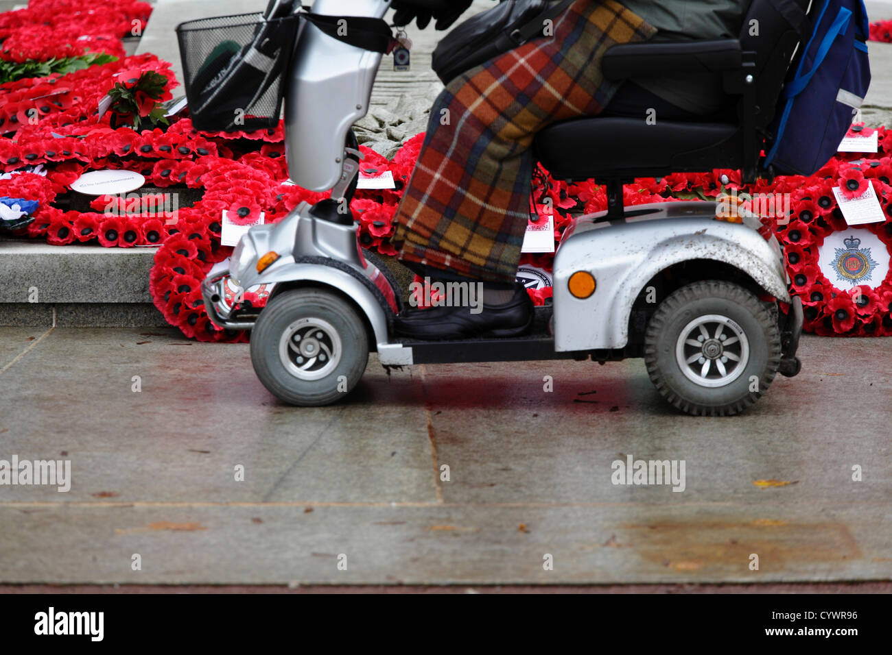 George Square, Glasgow, Écosse, Royaume-Uni, dimanche 11 novembre 2012. Une personne âgée qui regarde des serments de coquelicot a déposé au Cenotaph à la suite d'un service de jour de Rememberance Banque D'Images