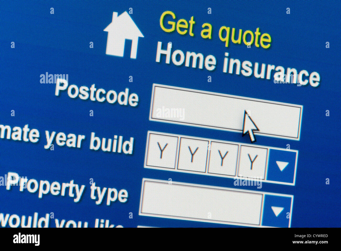 Close up d'un site fictif invitant l'utilisateur à saisir les informations dans le but d'obtenir une soumission d'assurance habitation. Banque D'Images