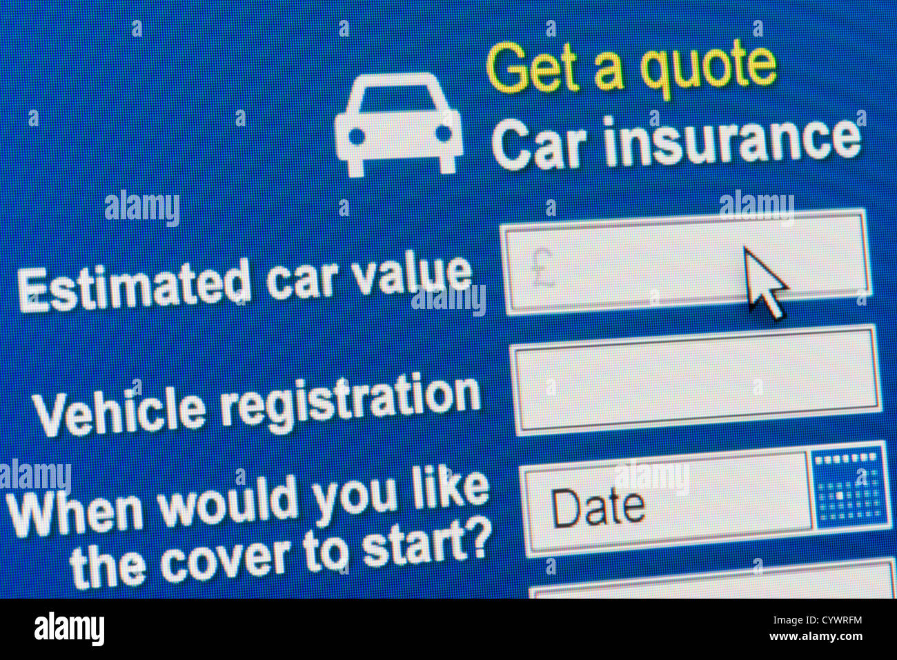 Close up d'un site fictif invitant l'utilisateur à saisir les informations dans le but d'obtenir un devis pour l'assurance automobile. Banque D'Images