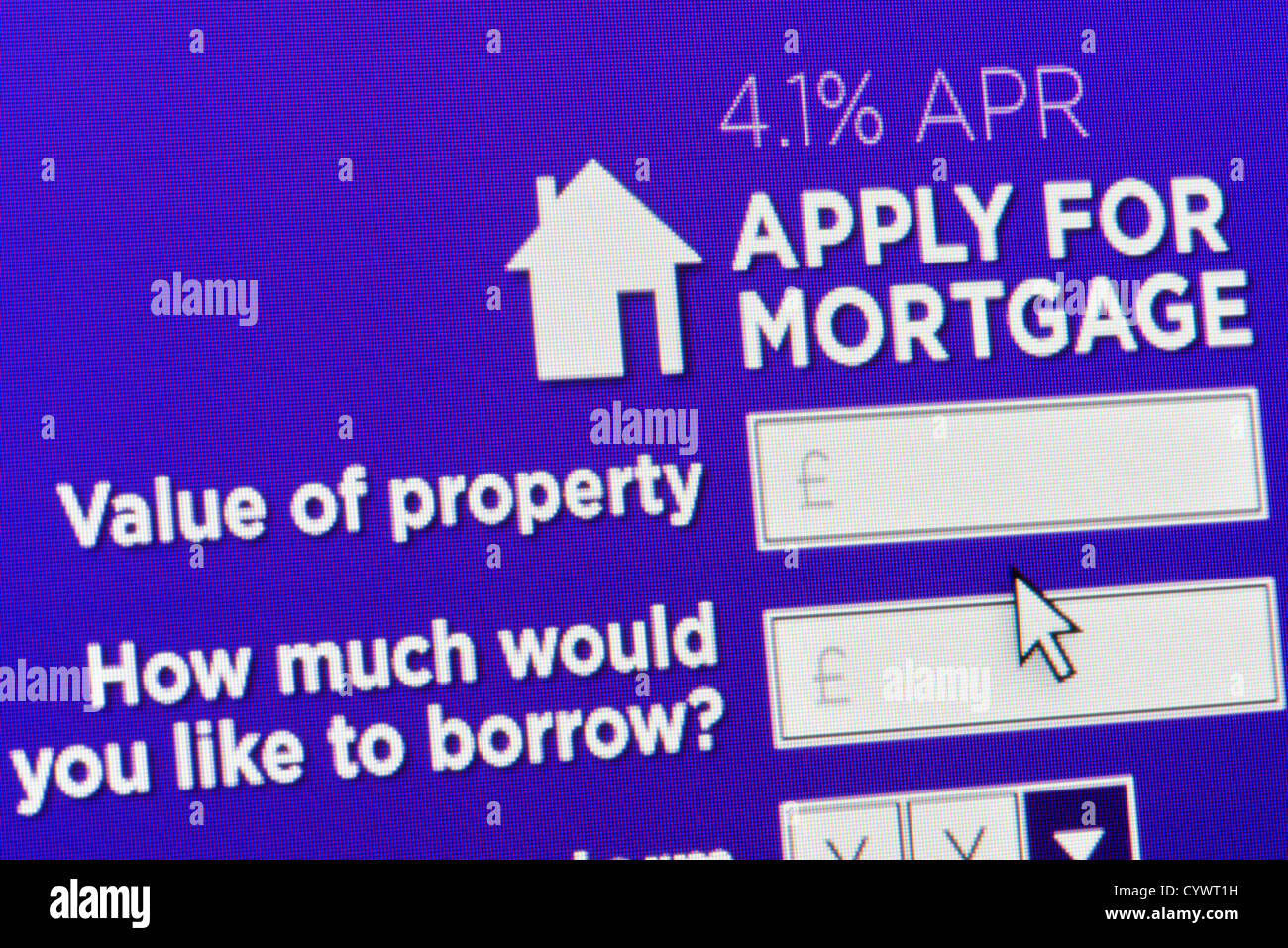 Close up d'un site fictif invitant les utilisateurs à appliquer pour un prêt hypothécaire Banque D'Images