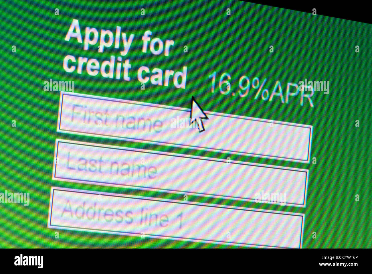 Close up d'un site fictif invitant les utilisateurs à appliquer pour une carte de crédit. Banque D'Images