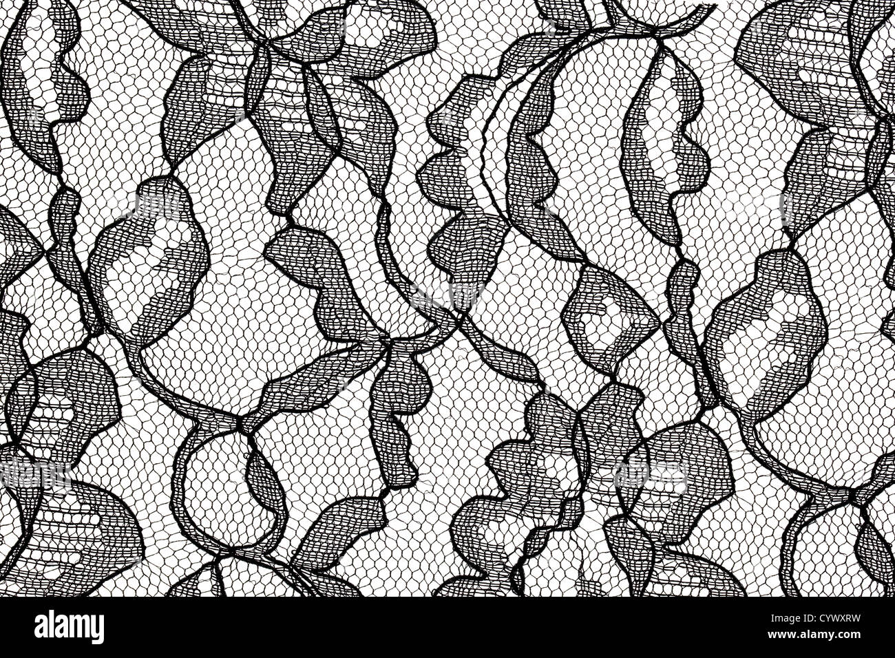 Type de tissu en dentelle noir avec motif floral sur fond blanc Banque D'Images