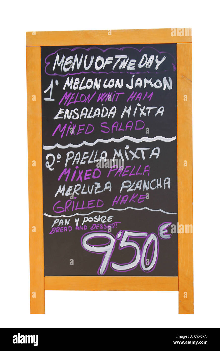 Menu restaurant espagnol espagne Majorque, conseil. Isolé sur blanc. Banque D'Images