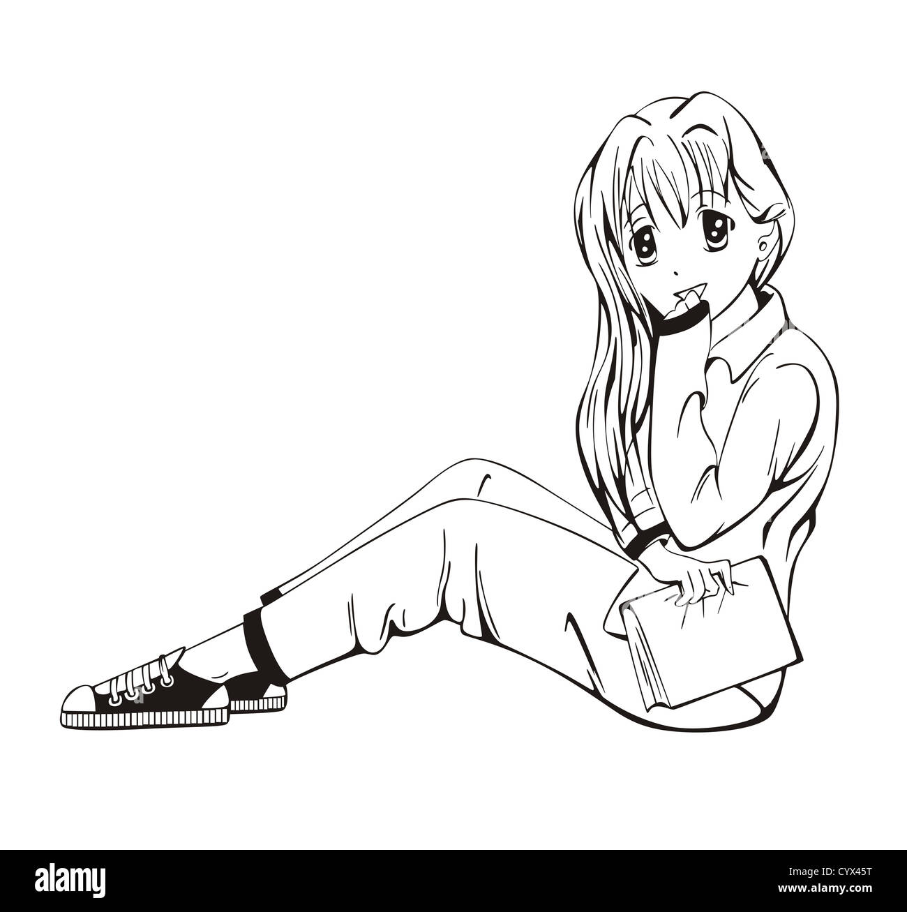 Anime girl sitting. Vector illustration noir et blanc. Banque D'Images