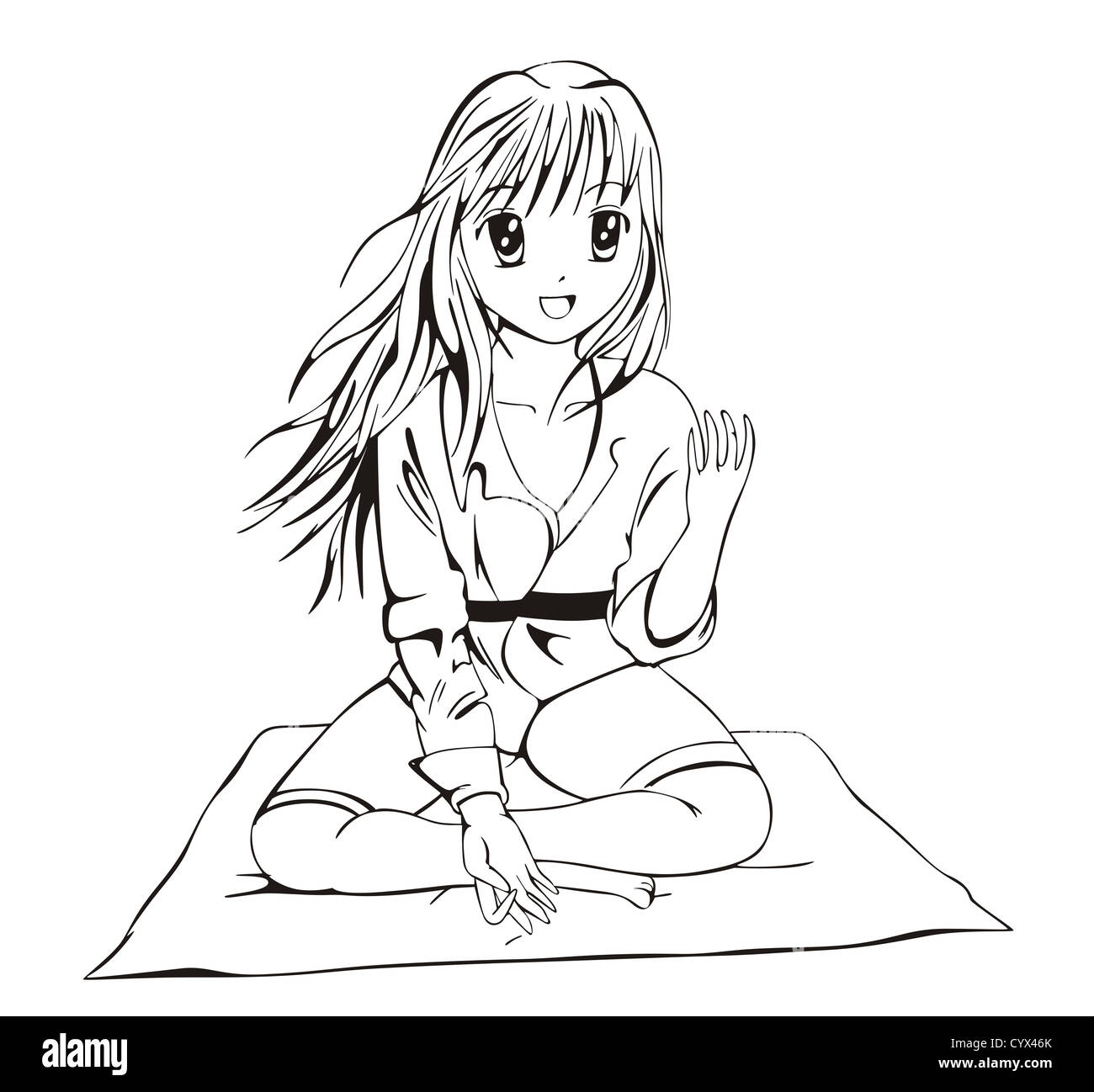 Wushu Anime girl. Vector illustration noir et blanc. Banque D'Images