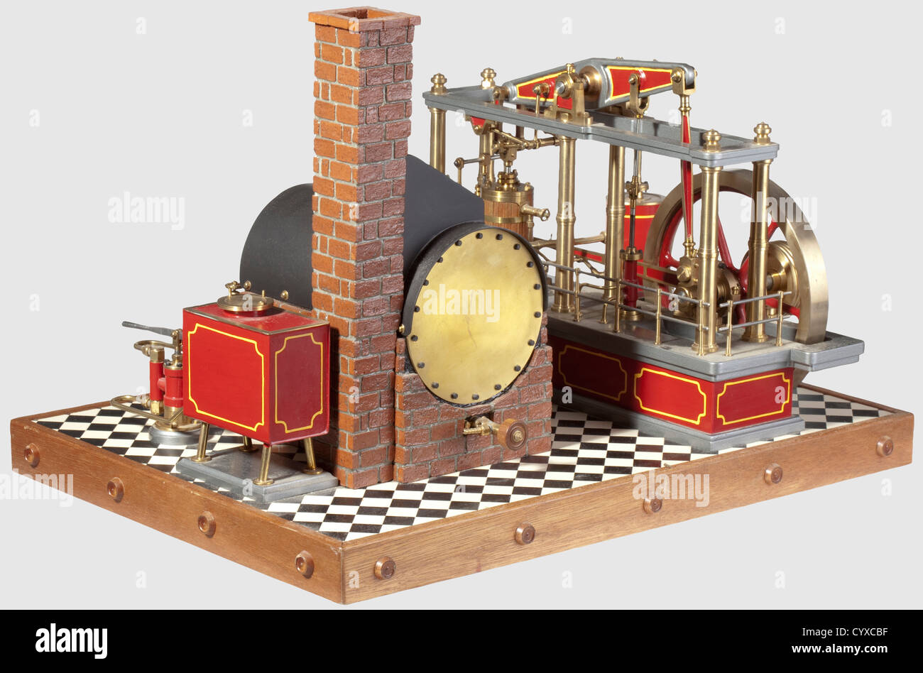 Ensemble de vapeur stationnaire inhabituel pour chaudière et moteur à poutre, comprenant une chaudière horizontale en laiton avec raccords normaux, pompe d'alimentation manuelle et réservoir d'eau, arrêt principal et conduite de vapeur avec fente pour moteur à poutre simple cylindre à six piliers, mouvement parallèle, pompe d'alimentation entraînée par tige, bielle cannelée, volant à branches et poulie à plusieurs cordes et autres détails, finition marron avec jaune linlng, noir et poli, vergé et monté sur un sol carrelé noir et blanc et une base en bois. Mesures sans douille: 33 x 54 cm,historique,historique,20e siècle,moteur à vapeur,engin à vapeur,droits supplémentaires-Clearences-non disponible Banque D'Images