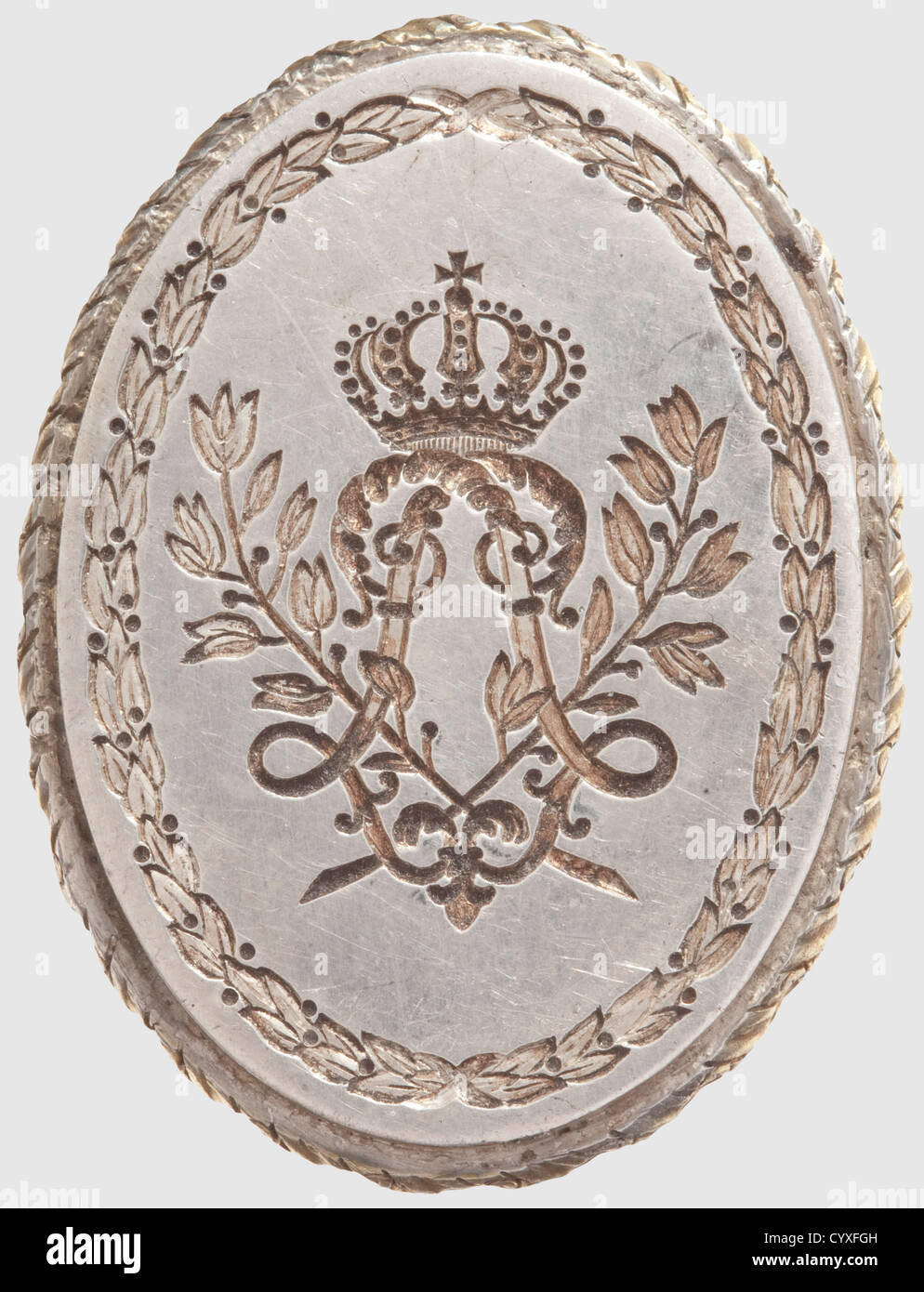 Roi Louis II de Bavière (1845 - 1886), splendide sceau Jeanne d'Arc,  présent de la famille d'Orléans argent, partiellement doré, malachite et  émail. La surface de joint ovale vertical avec le monogramme