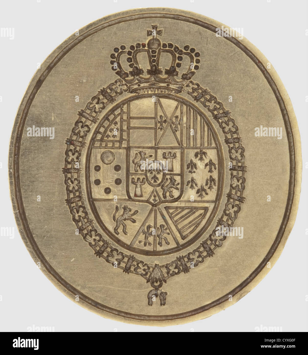 Le roi Alfons XIII(1886-1941),un sceau personnel mère-de-perle, or et laiton.la surface du sceau gravée avec la couche royale des bras mis dans la chaîne de l'ordre du molleton d'or.épaule d'or décorée floralement.mère sculptée de poignée de perle sous forme de mains entrelacées.hauteur 9.9 cm.avec deux lettres signées à la main par le roi et Adressée au Prince Alfons de Bavière datant de 1929 et 1931 resp.(un mois après qu'il est allé en exil), une enveloppe portant une impression du présent sceau.aussi un certain nombre de lettres, cartes de voeux et photos de la ,droits additionnels-Clearences-non disponible Banque D'Images