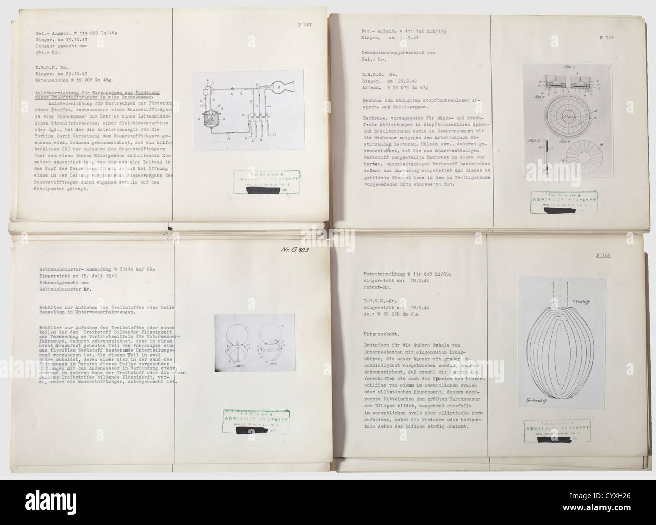 Walter Factory à Kiel, vers soixante-dix descriptions de brevets 1942 - 44 descriptions courtes des innovations techniques pour les embarcations et les aéronefs, pour les installations de moteurs, catapultes d'aéronefs, production d'oxygène, profils de profil d'aéroglisseur, coques de U-boat, torpedo drives et la marque de commerce 'W'(Walter Werke). Cartes en carton, chacune avec une description de brevet, la plupart avec des dessins techniques, et avec des signes d'âge. Ces descriptions de brevets documentent la capacité innovante de l'industrie allemande de l'armement,historique,historique,années 1930,20e siècle,marine,forces navales,militaire,militaria,branche,droits additionnels-Clearences-non disponible Banque D'Images