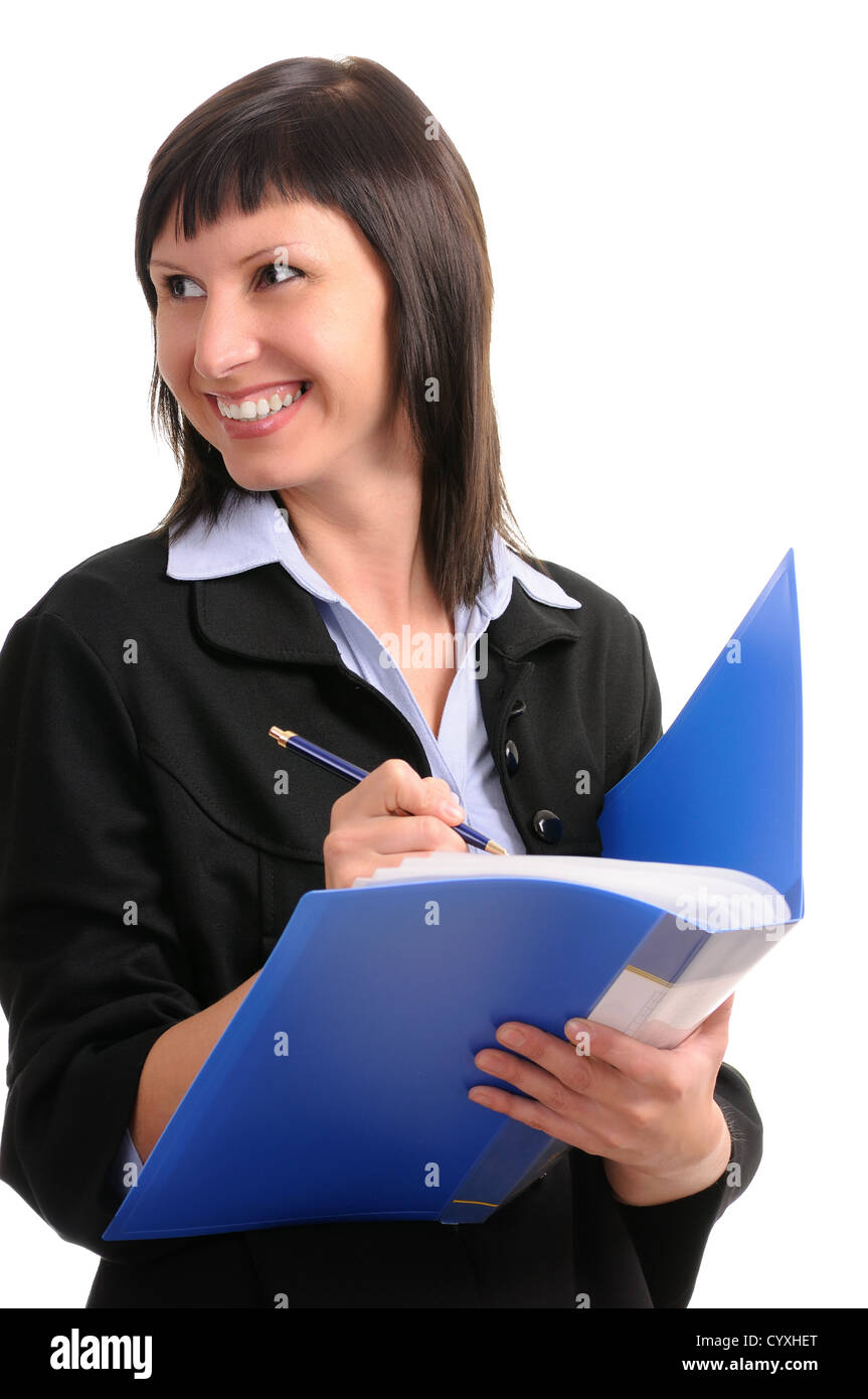 Businesswoman with documents isolé sur fond blanc Banque D'Images