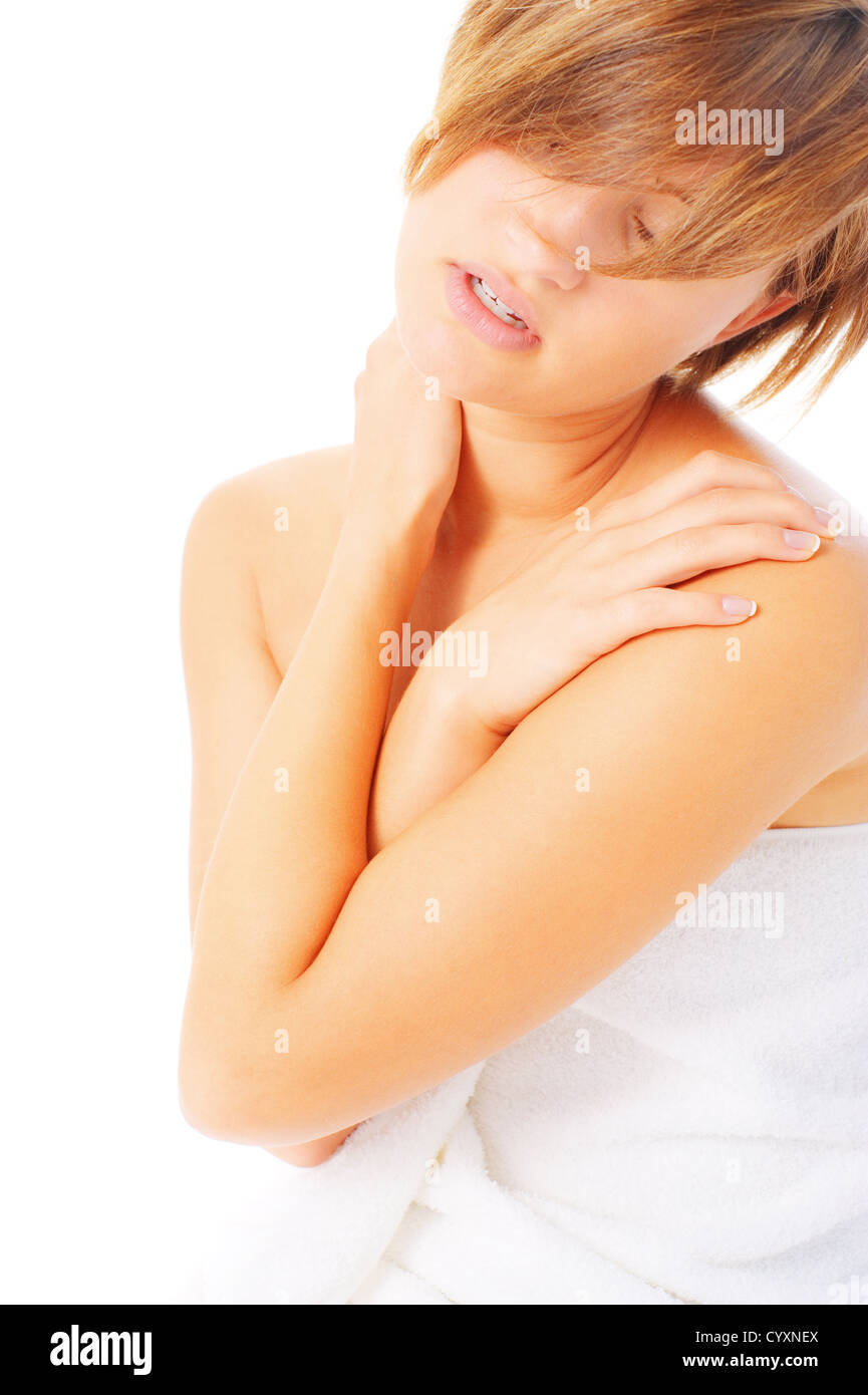 Femme en massant son cou et épaules, à partir d'une série complète de photos. Banque D'Images