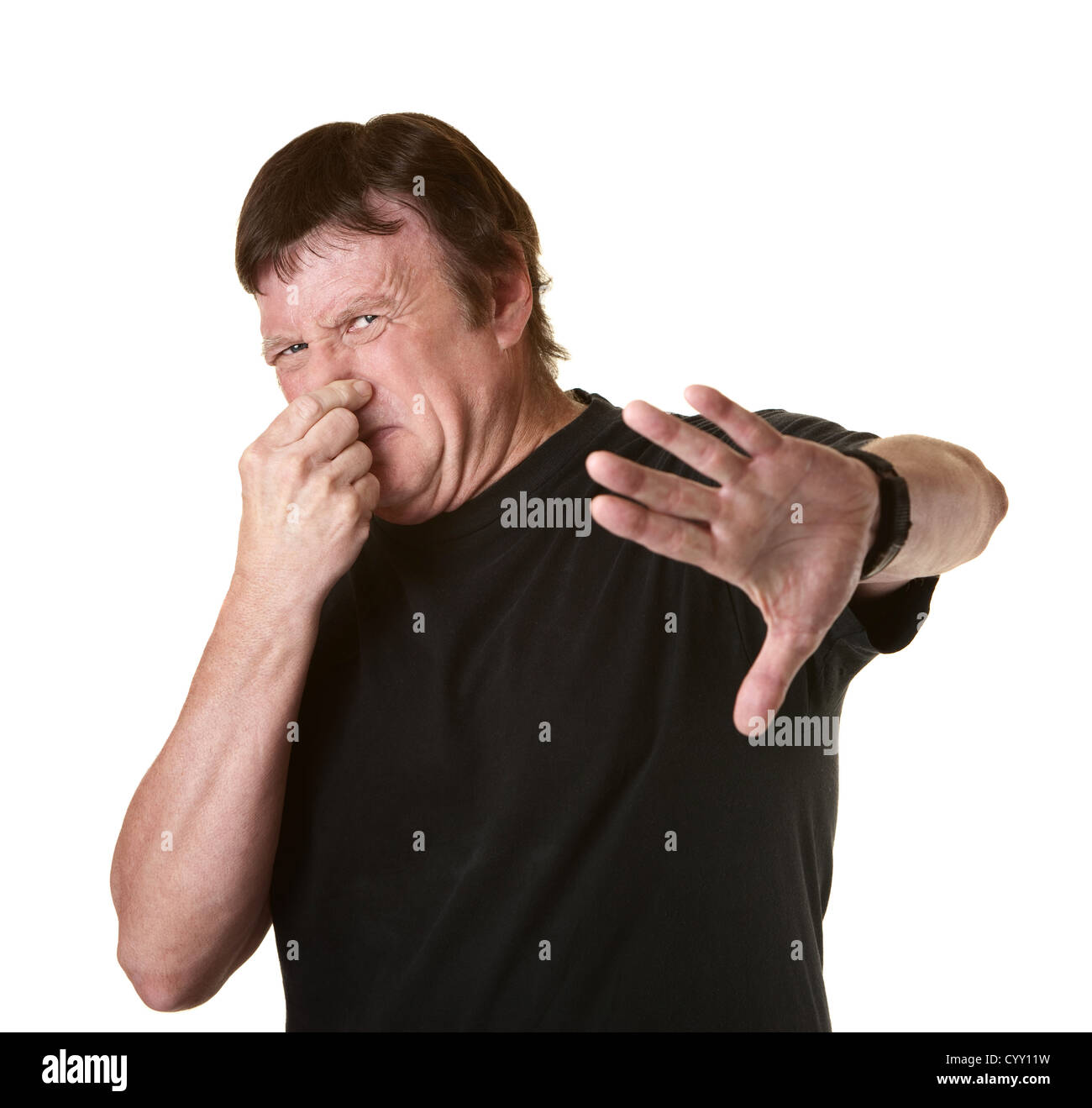 Young Woman on white background pincées son nez Banque D'Images